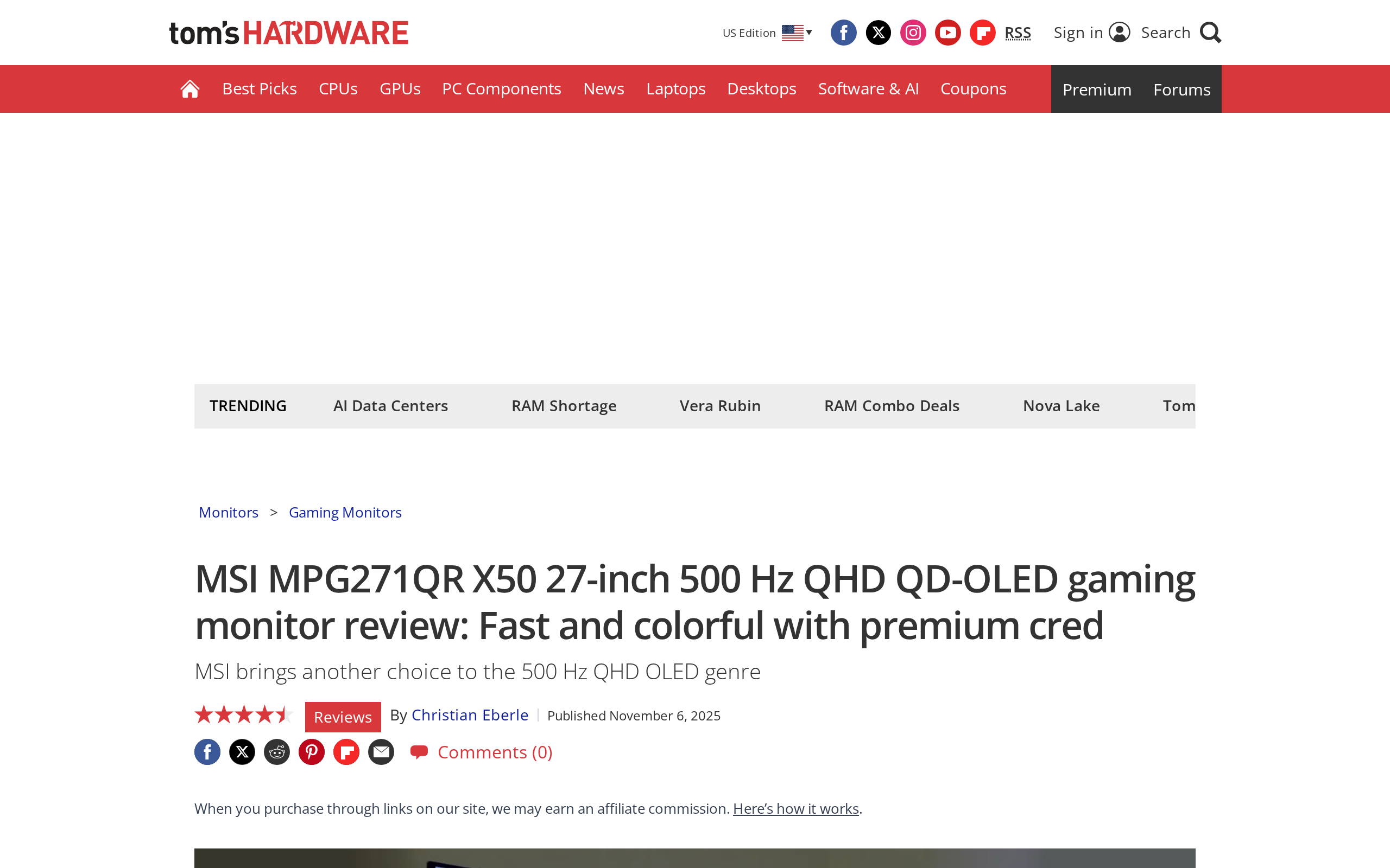 Tom's Hardware review page of the MSI MPG271QR X50 500Hz QHD QD-OLED monitor