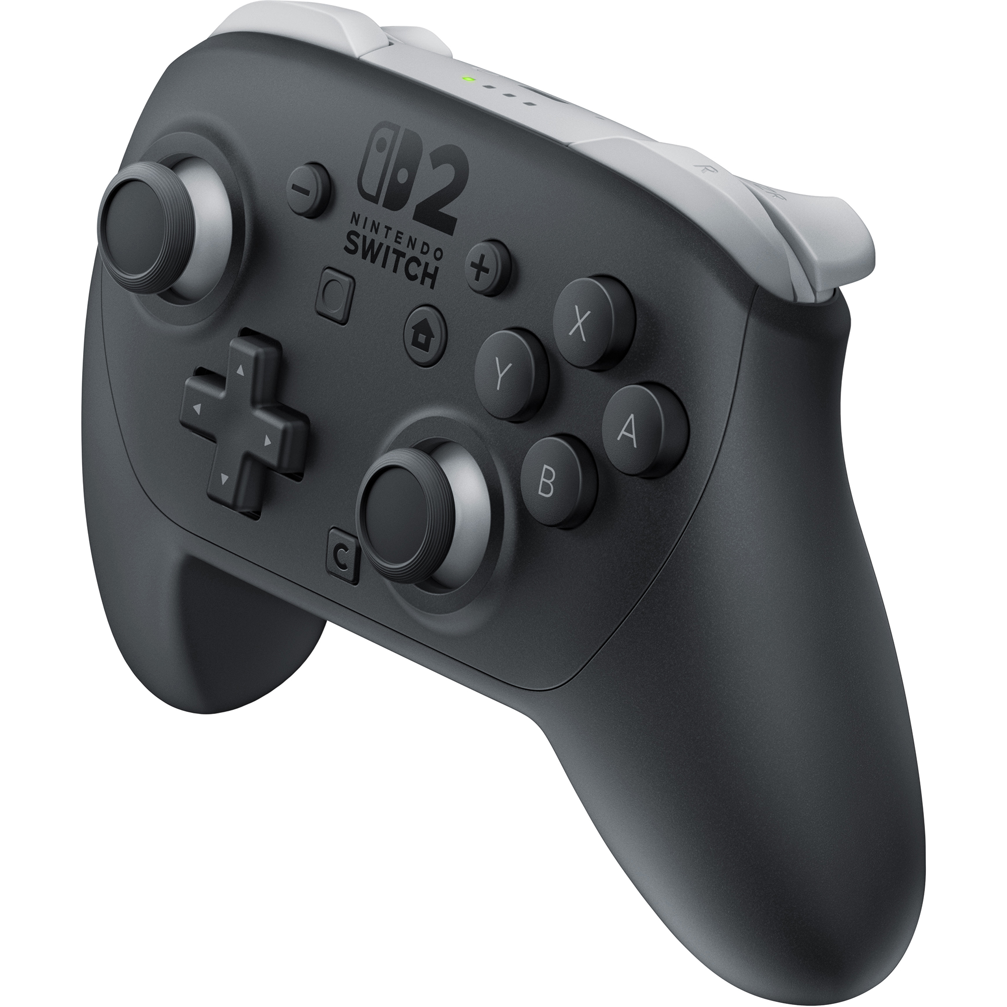 Nintendo's product photo of the Switch 2 Pro Controller from the front at an angle, black shell with a light grey top section