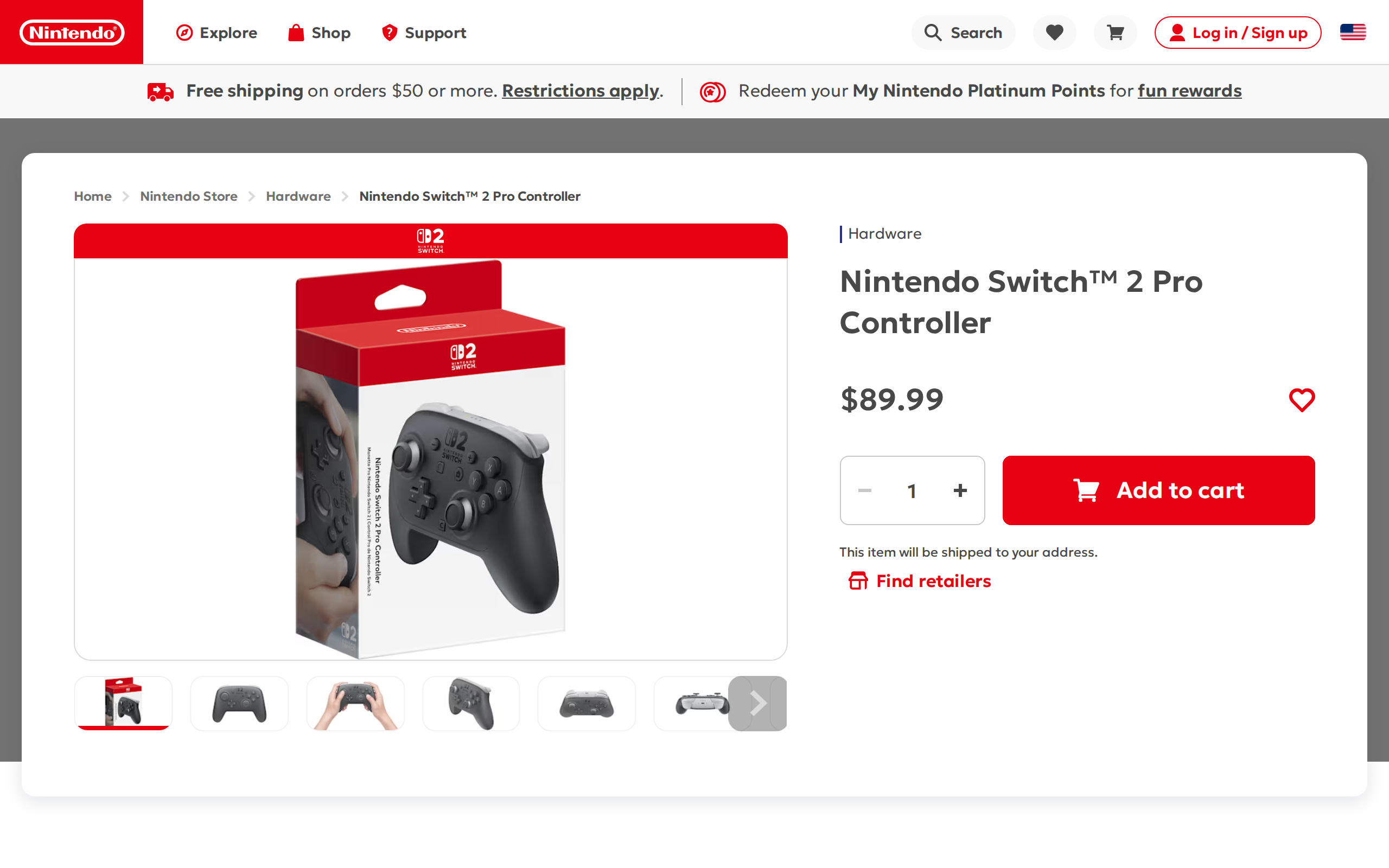 Nintendo Store page for the Nintendo Switch 2 Pro Controller with its gallery of product images