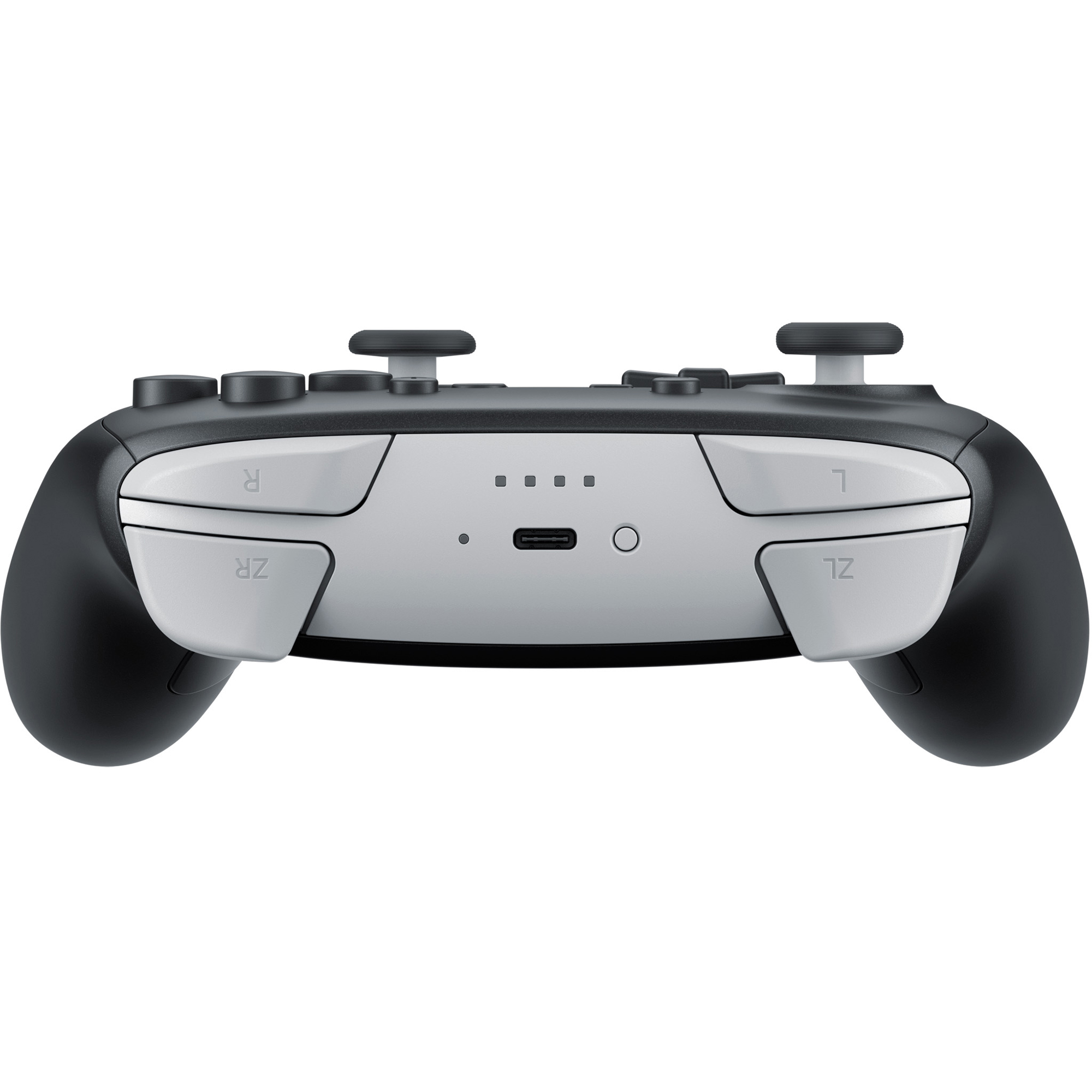 Top edge of the Switch 2 Pro Controller in Nintendo's product photo, with the USB-C port and four player lights between the bumpers