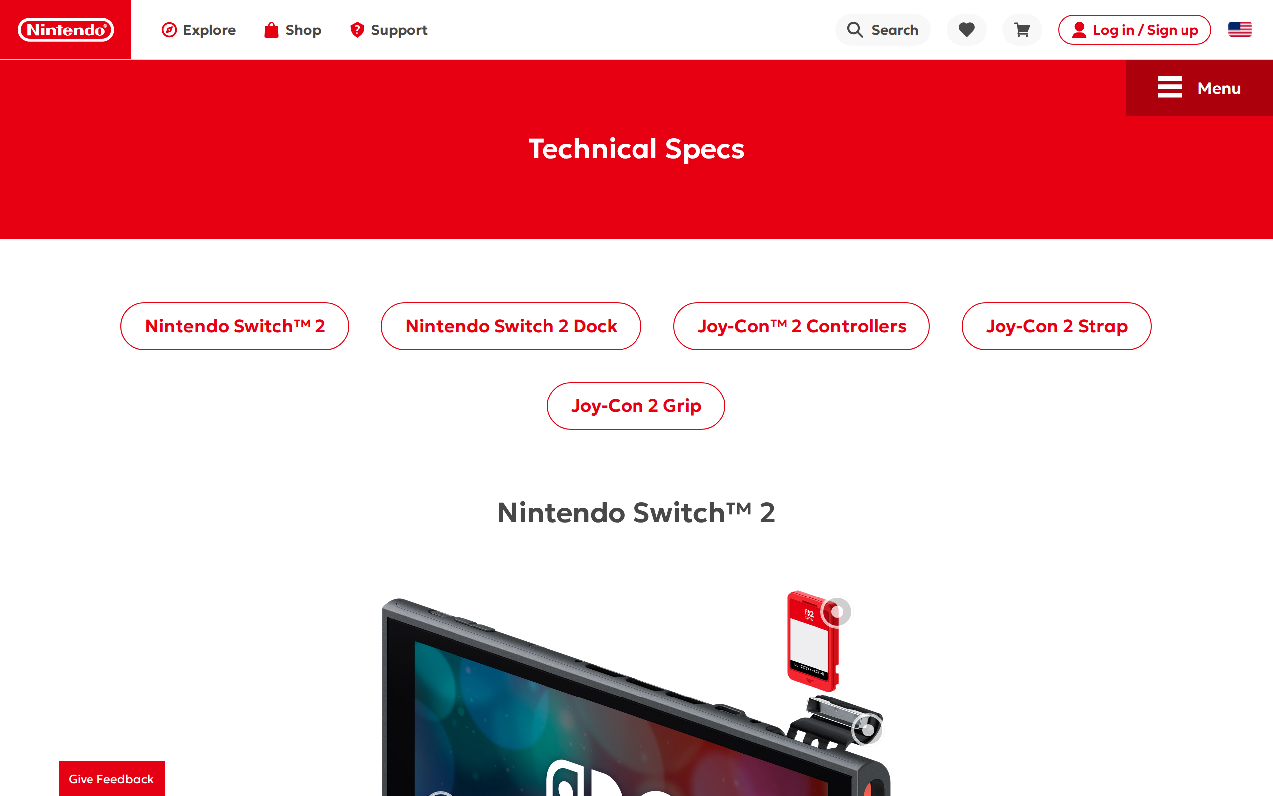 Nintendo's Technical Specs page for the Nintendo Switch 2