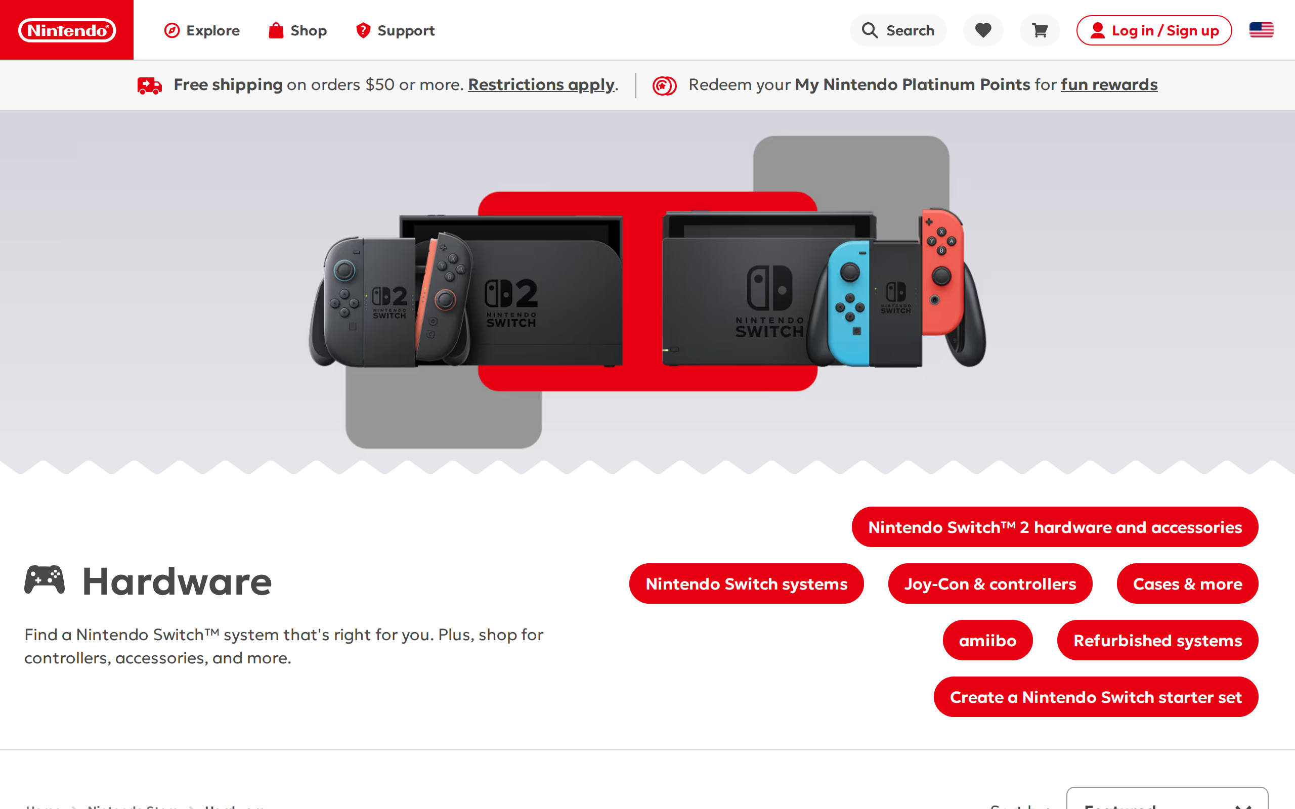 Nintendo's Hardware store page with a free shipping banner