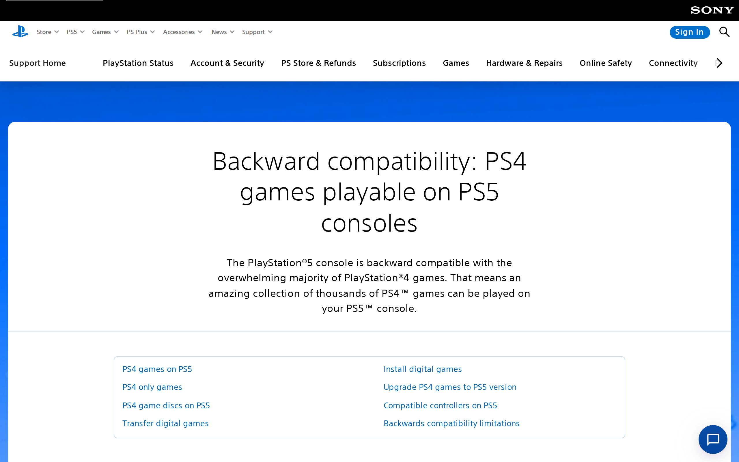 Sony support page titled Backward compatibility: PS4 games playable on PS5 consoles