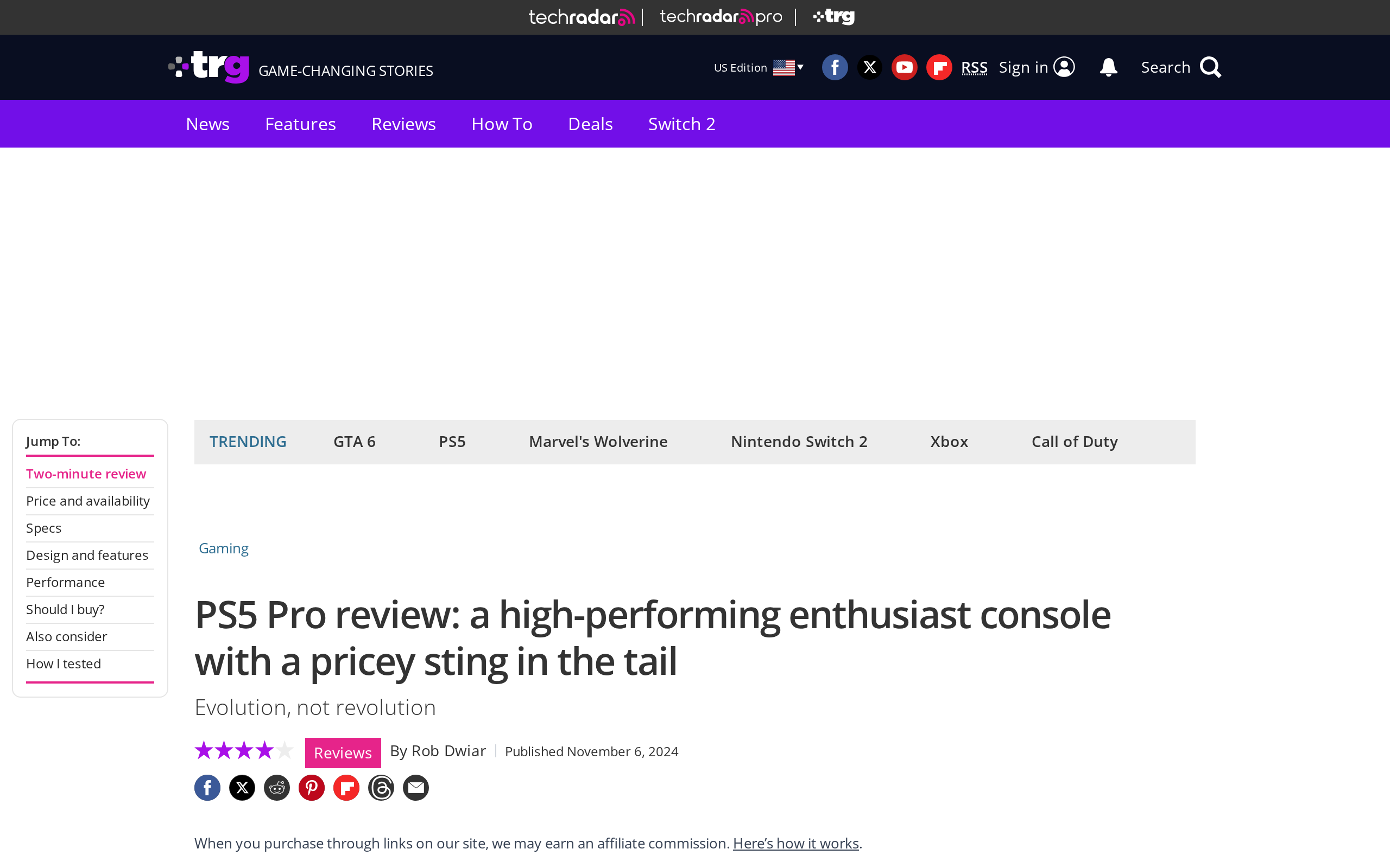 TechRadar PS5 Pro review page headlined a high-performing enthusiast console with a pricey sting in the tail