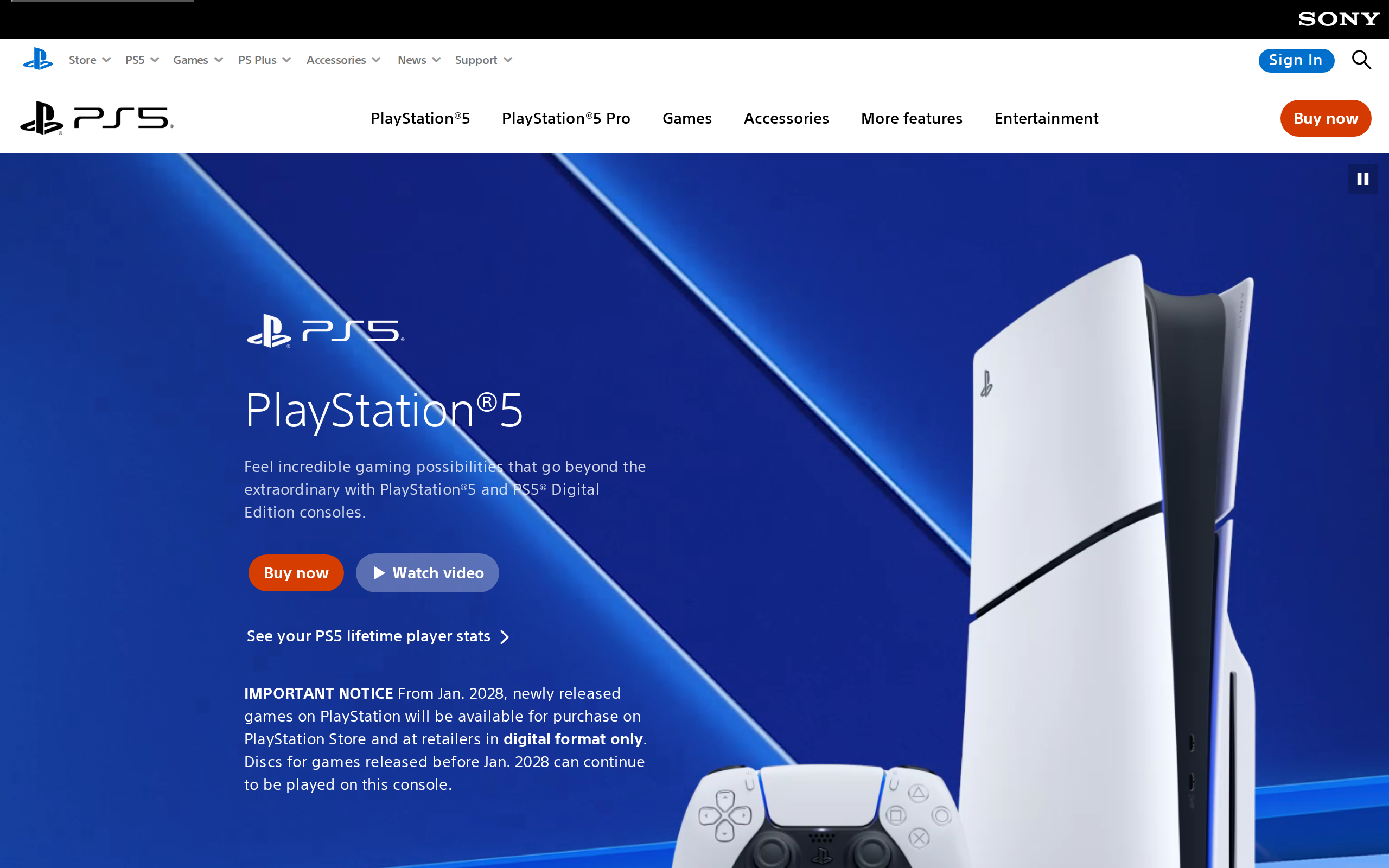 PlayStation product page for the PlayStation 5 and PS5 Digital Edition consoles with a notice about digital-only game releases from 2028