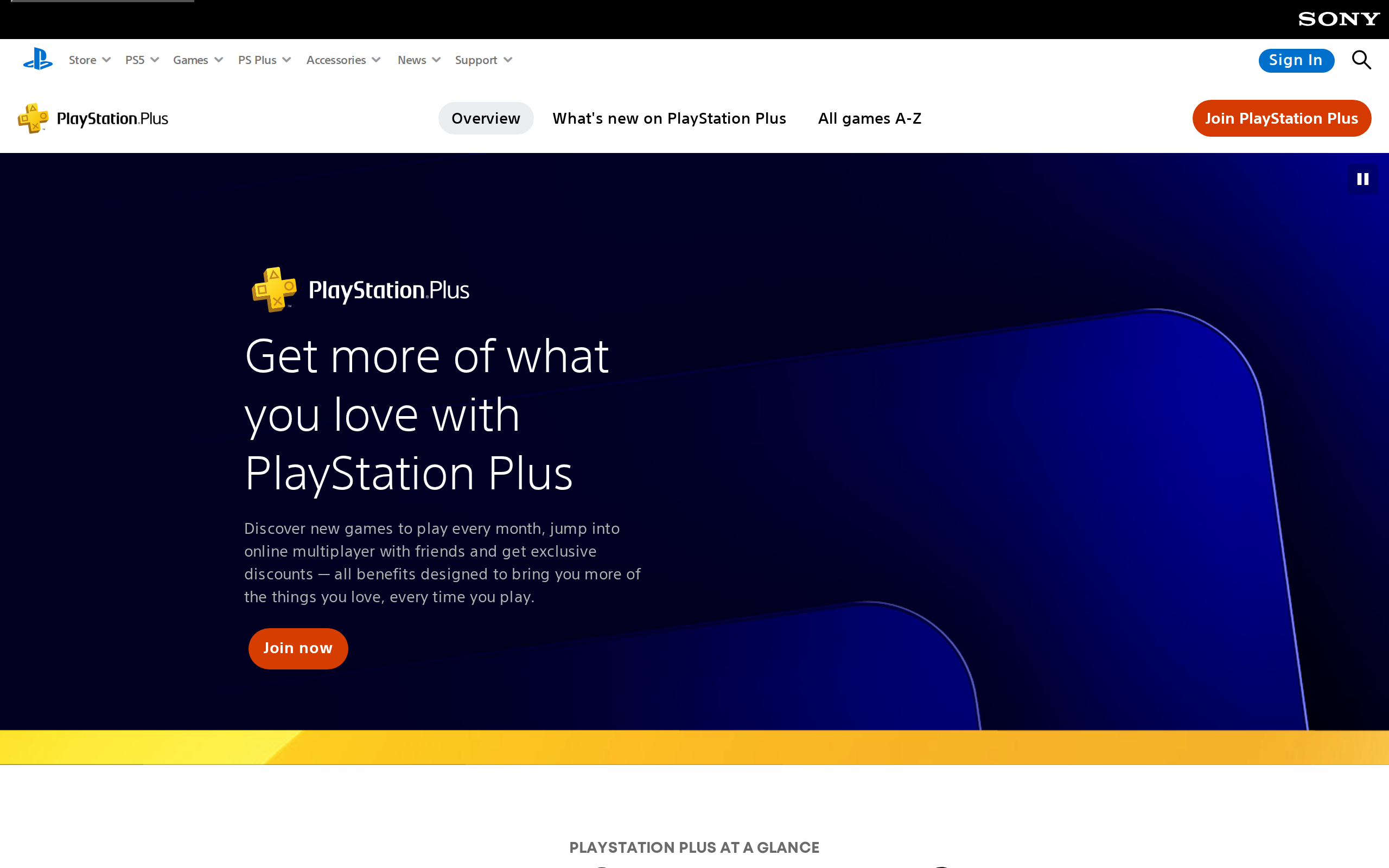 The PlayStation Plus page on Sony's site, in dark mode, with the headline about getting more of what you love