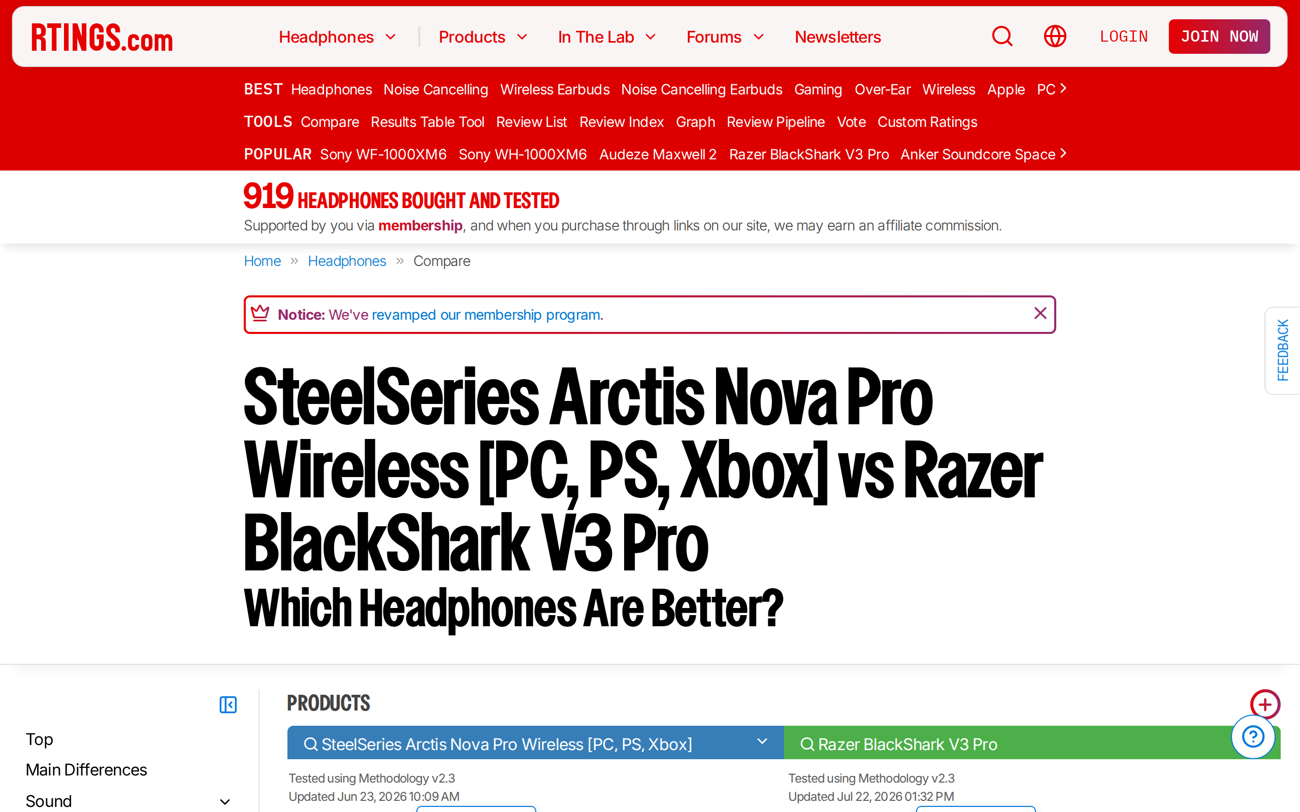 RTINGS comparison page for the SteelSeries Arctis Nova Pro Wireless against the Razer BlackShark V3 Pro