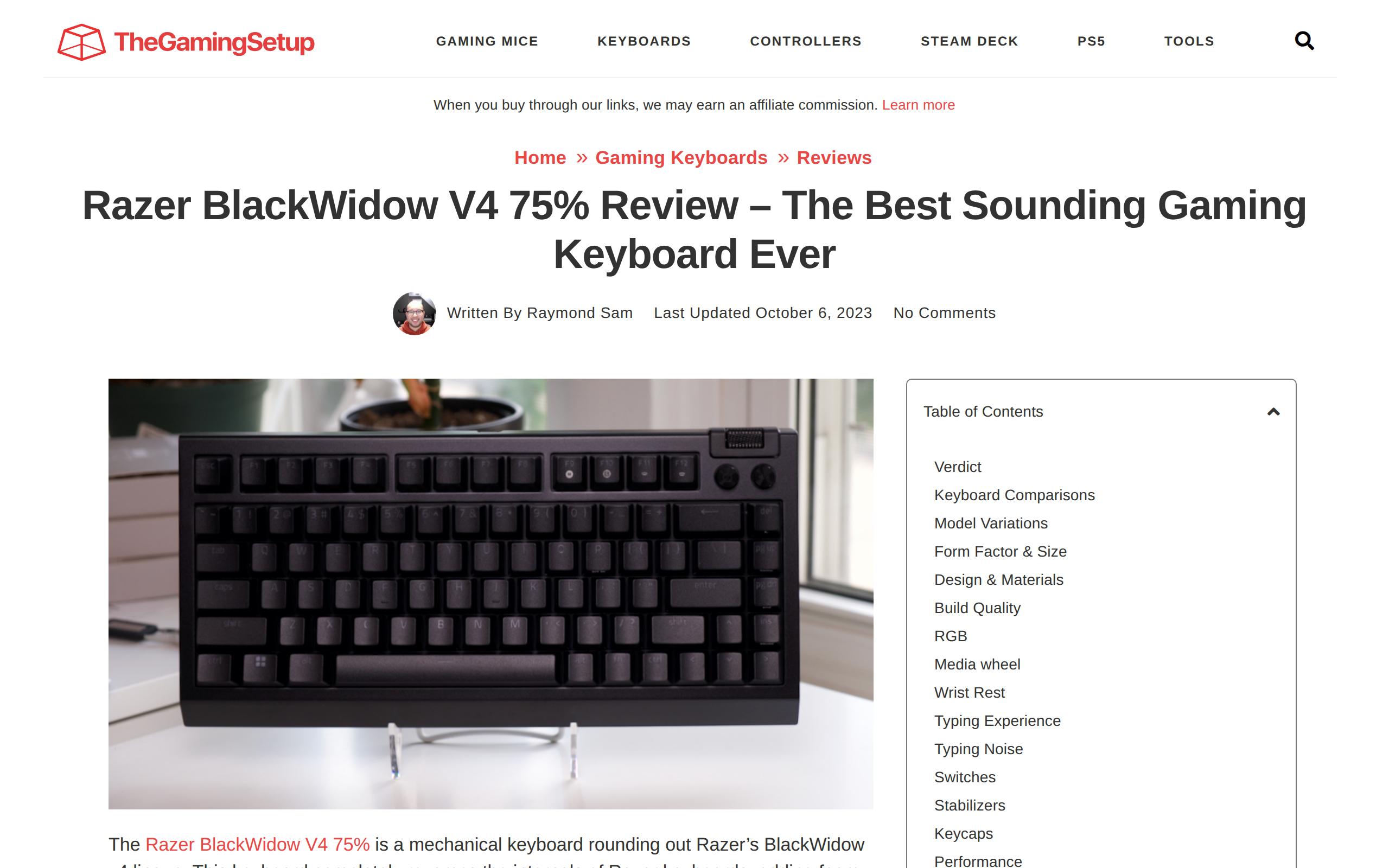 The Gaming Setup review page for the BlackWidow V4 75%, headlined as the best sounding gaming keyboard ever