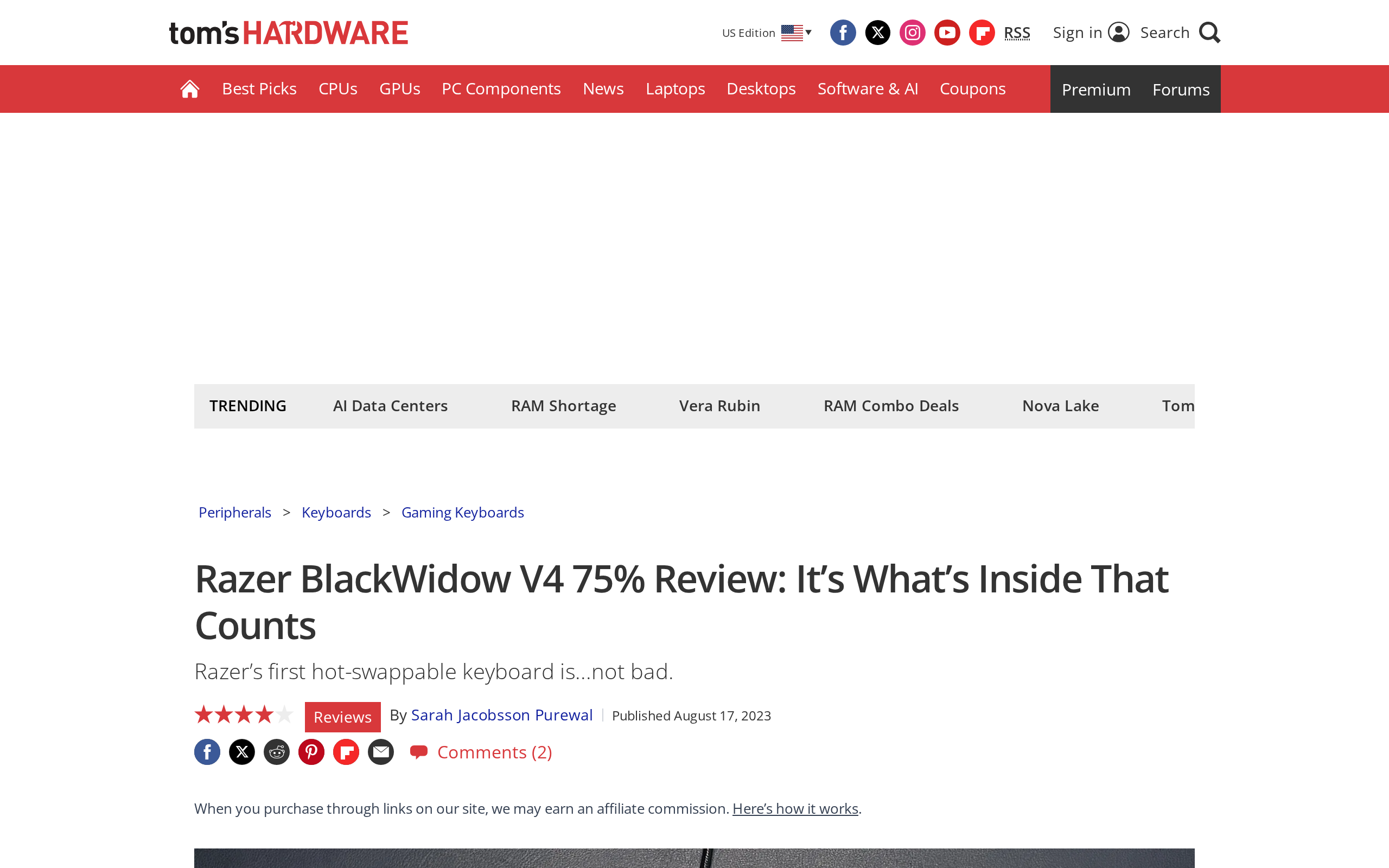 Tom's Hardware review of the Razer BlackWidow V4 75% with the line Razer's first hot-swappable keyboard is not bad