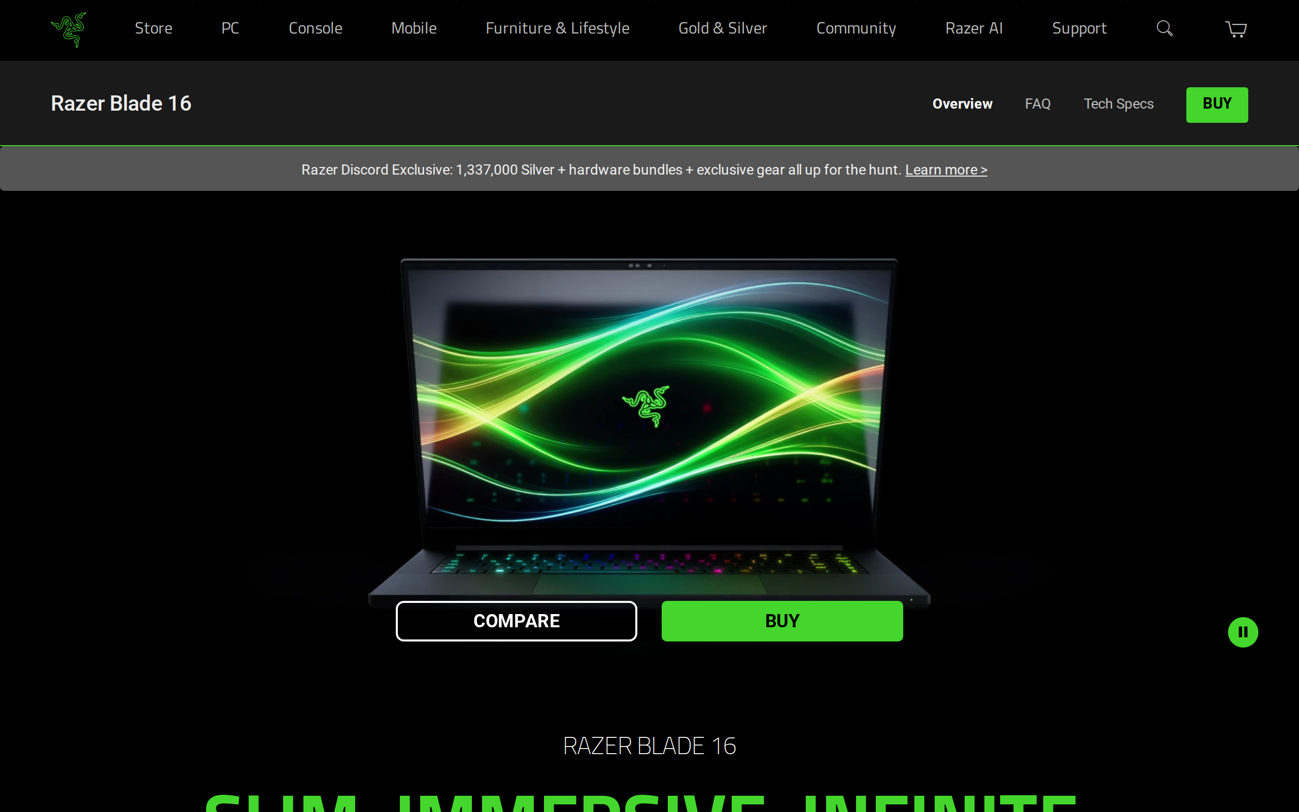 Razer product page for the Blade 16 showing the open laptop with a green and yellow wave wallpaper above the words Slim, Immersive, Infinite