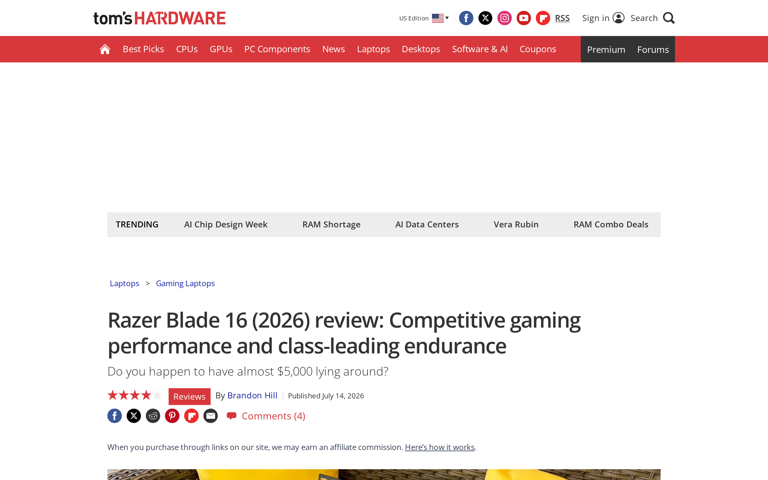 Tom's Hardware review page headlined Razer Blade 16 (2026) review: Competitive gaming performance and class-leading endurance
