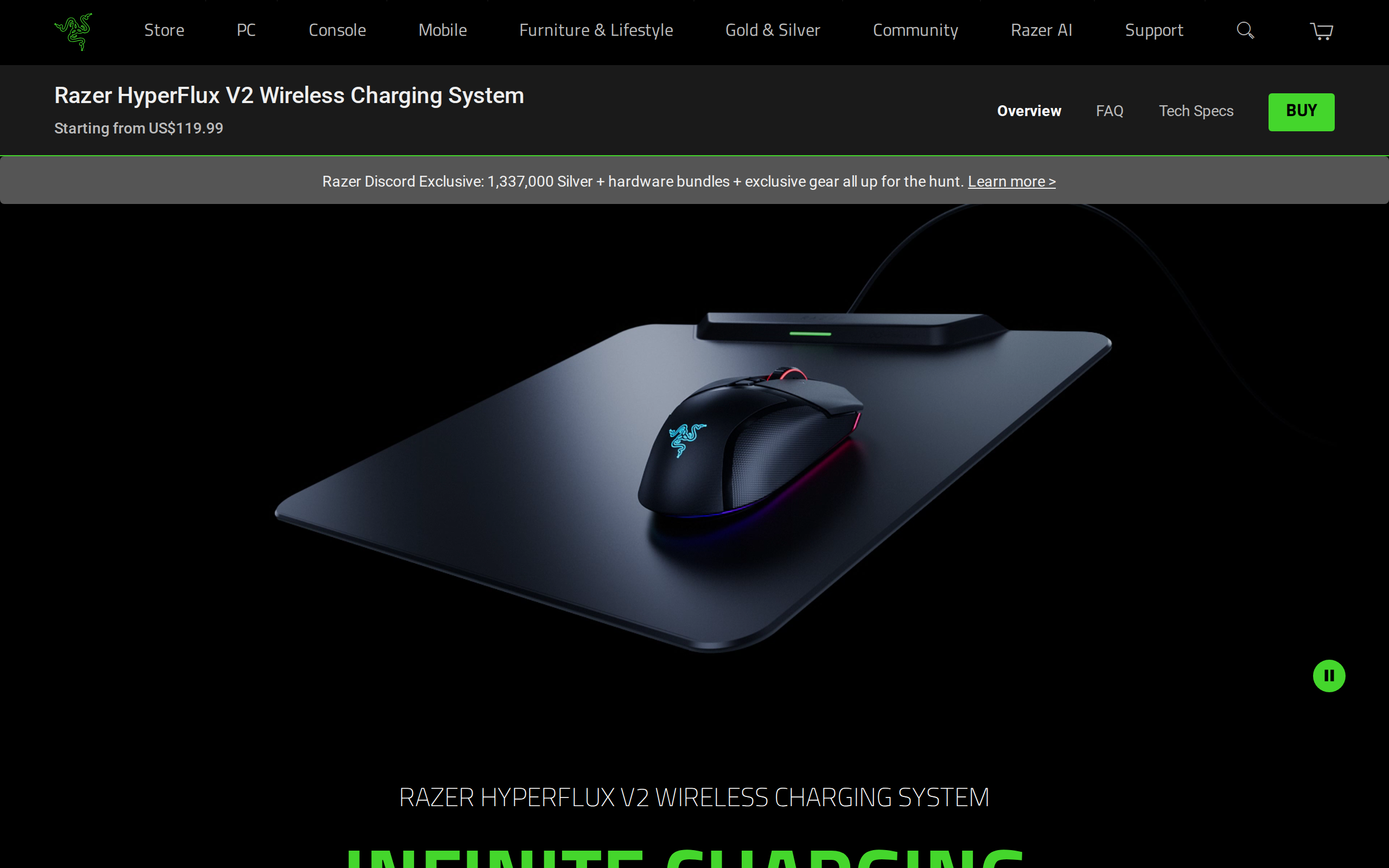 Razer HyperFlux V2 Wireless Charging System page with the Infinite Charging, Infinite Gaming headline and a $119.99 price
