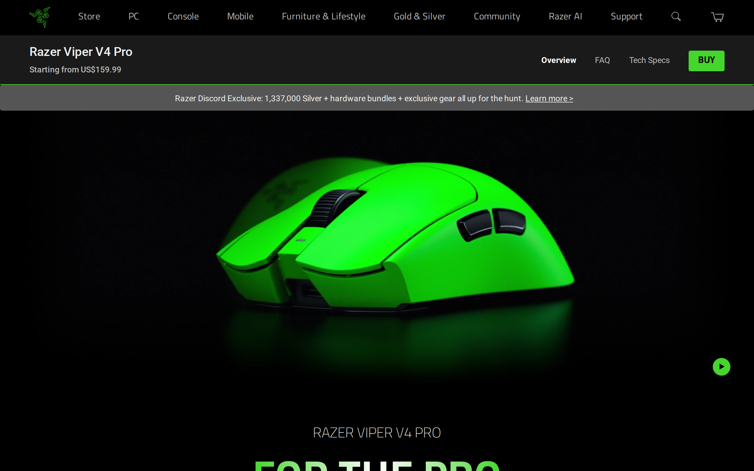 Razer product page for the Viper V4 Pro mouse with the headline For the Pro and a $159.99 price