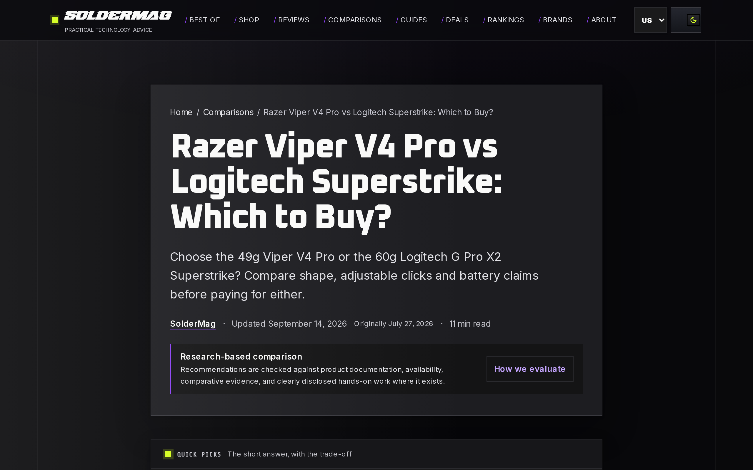 Solder Magazine's comparison of the Razer Viper V4 Pro and Logitech Superstrike, with quick picks