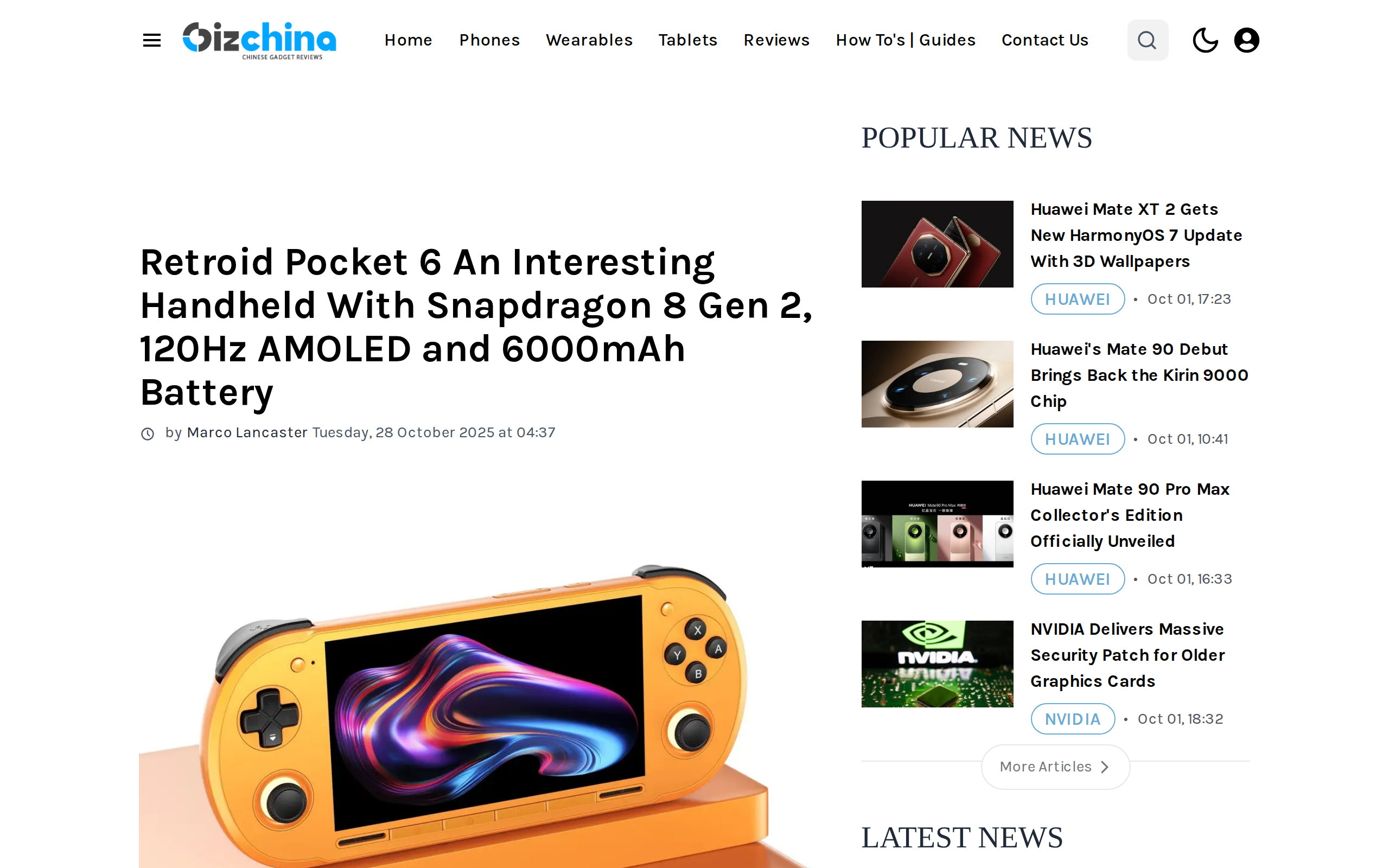 Gizchina's launch article for the Retroid Pocket 6 with a product image of the handheld