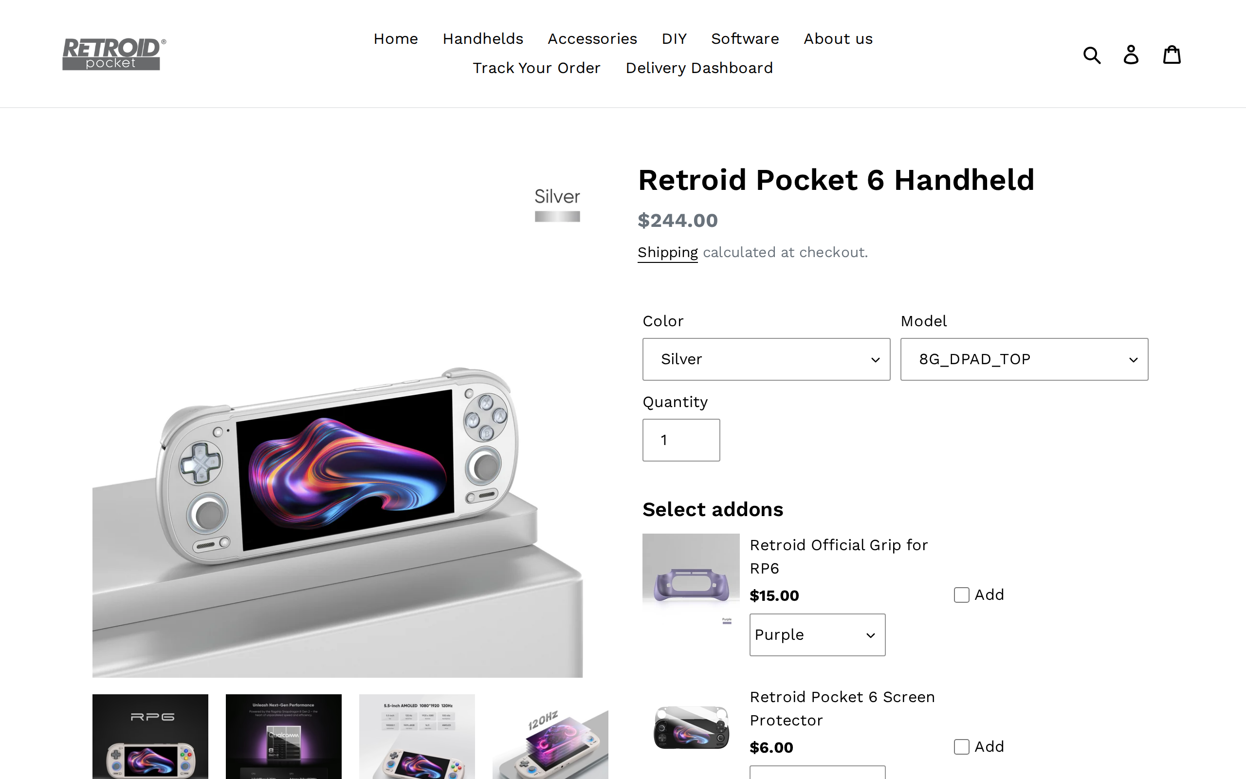 Retroid's store page for the Retroid Pocket 6 handheld with a $244.00 base price and an add-ons selector