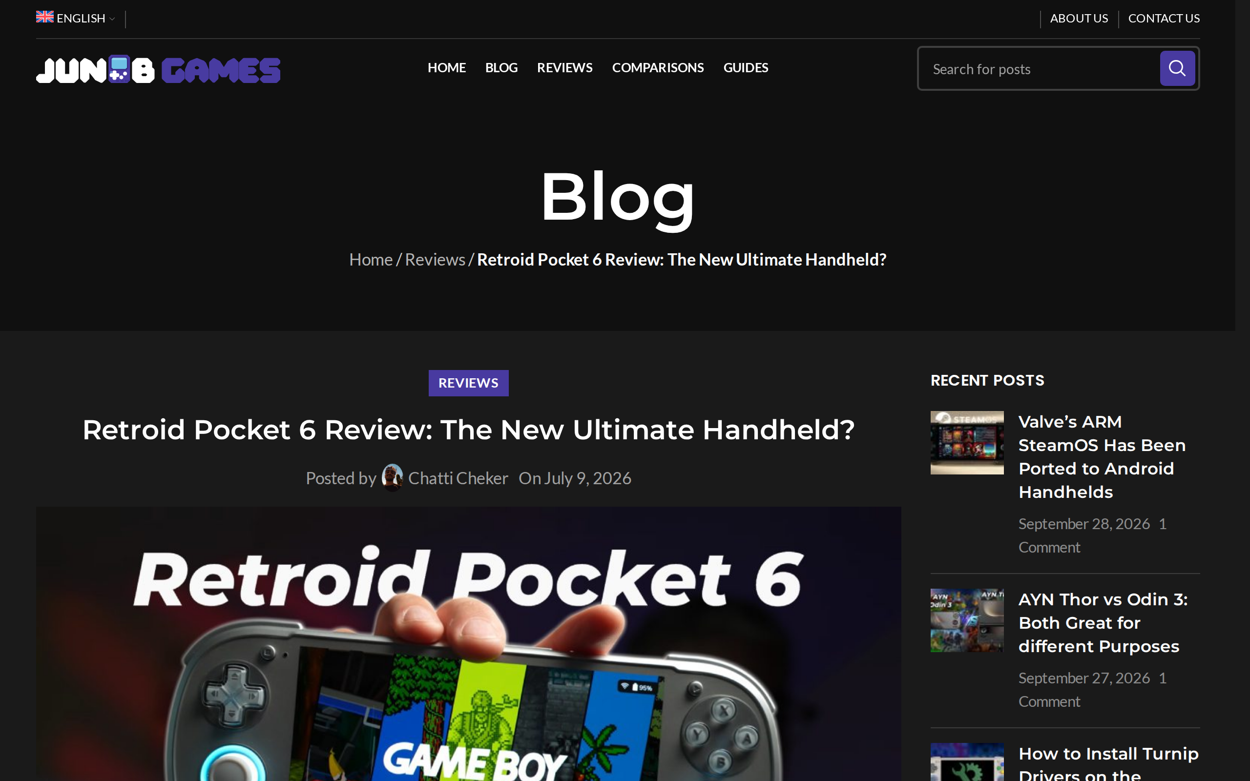 Junub Games' Retroid Pocket 6 review page headlined The New Ultimate Handheld, with a photo of the device