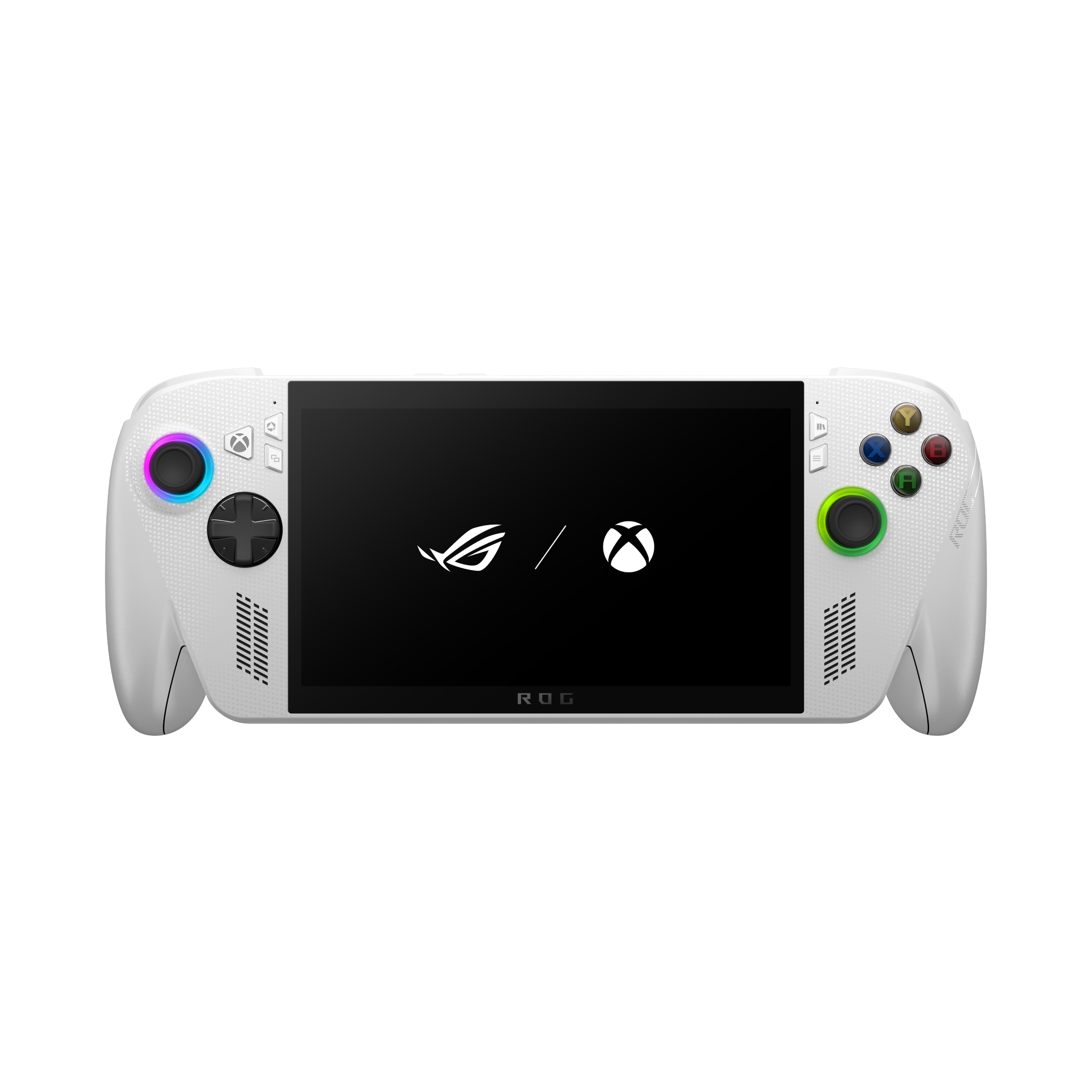 White ROG Xbox Ally handheld seen from the front with RGB-lit thumbsticks and the ROG and Xbox logos on its screen