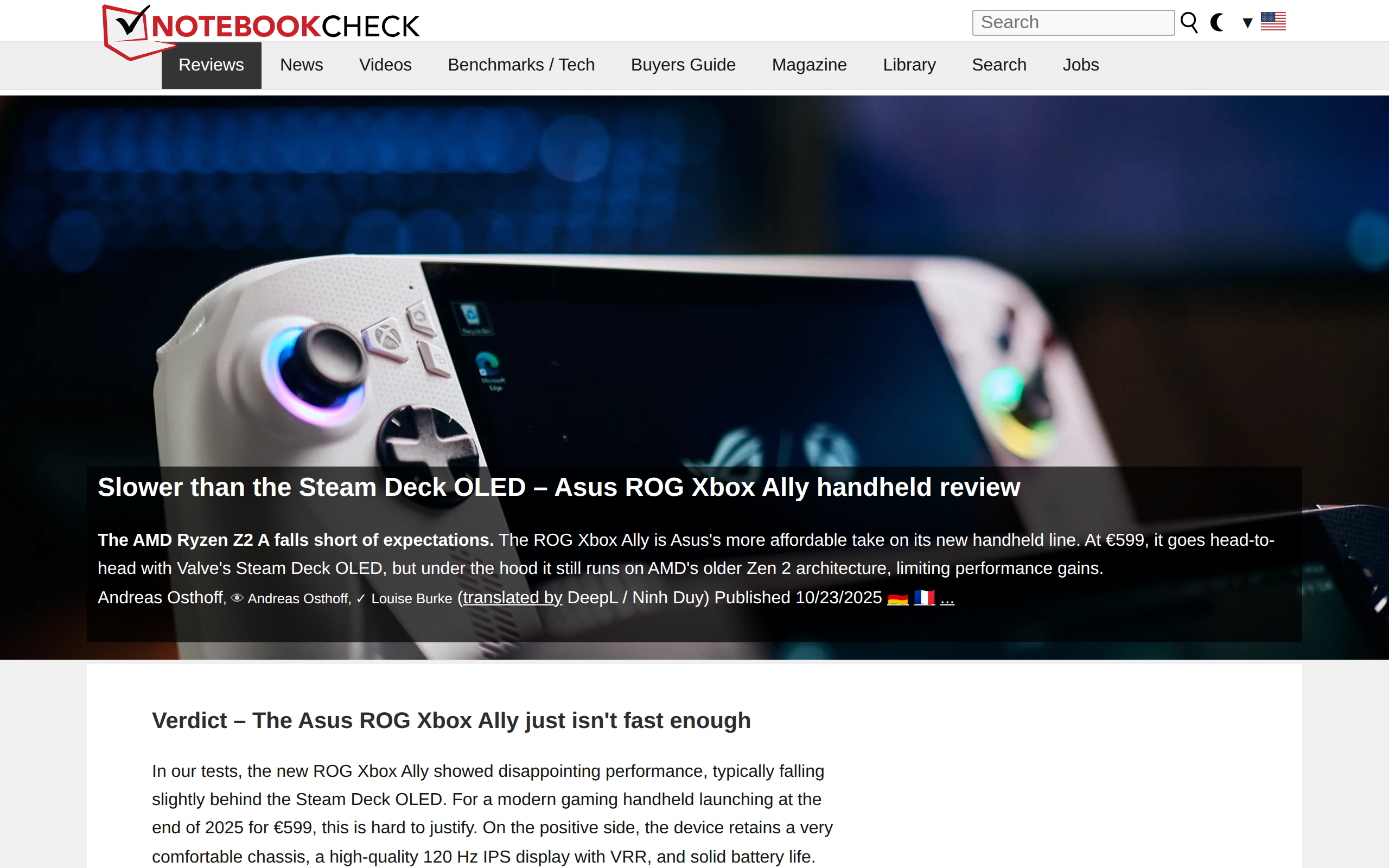 Notebookcheck's review page for the ROG Xbox Ally with the verdict heading that the Asus ROG Xbox Ally just isn't fast enough