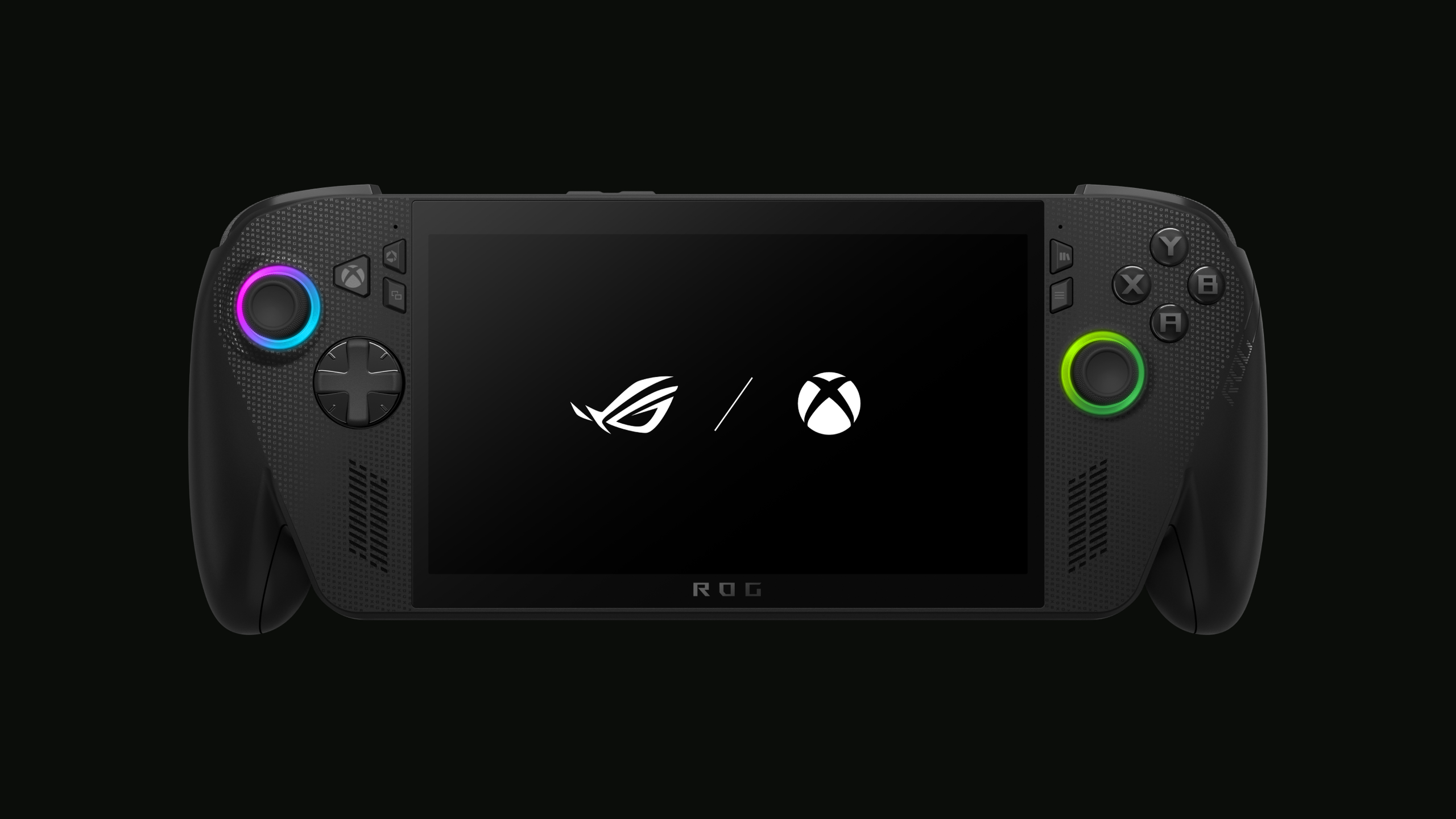 ROG Xbox Ally X handheld seen from the front with a lit purple left stick, a lit green right stick and the ROG and Xbox logos on its screen