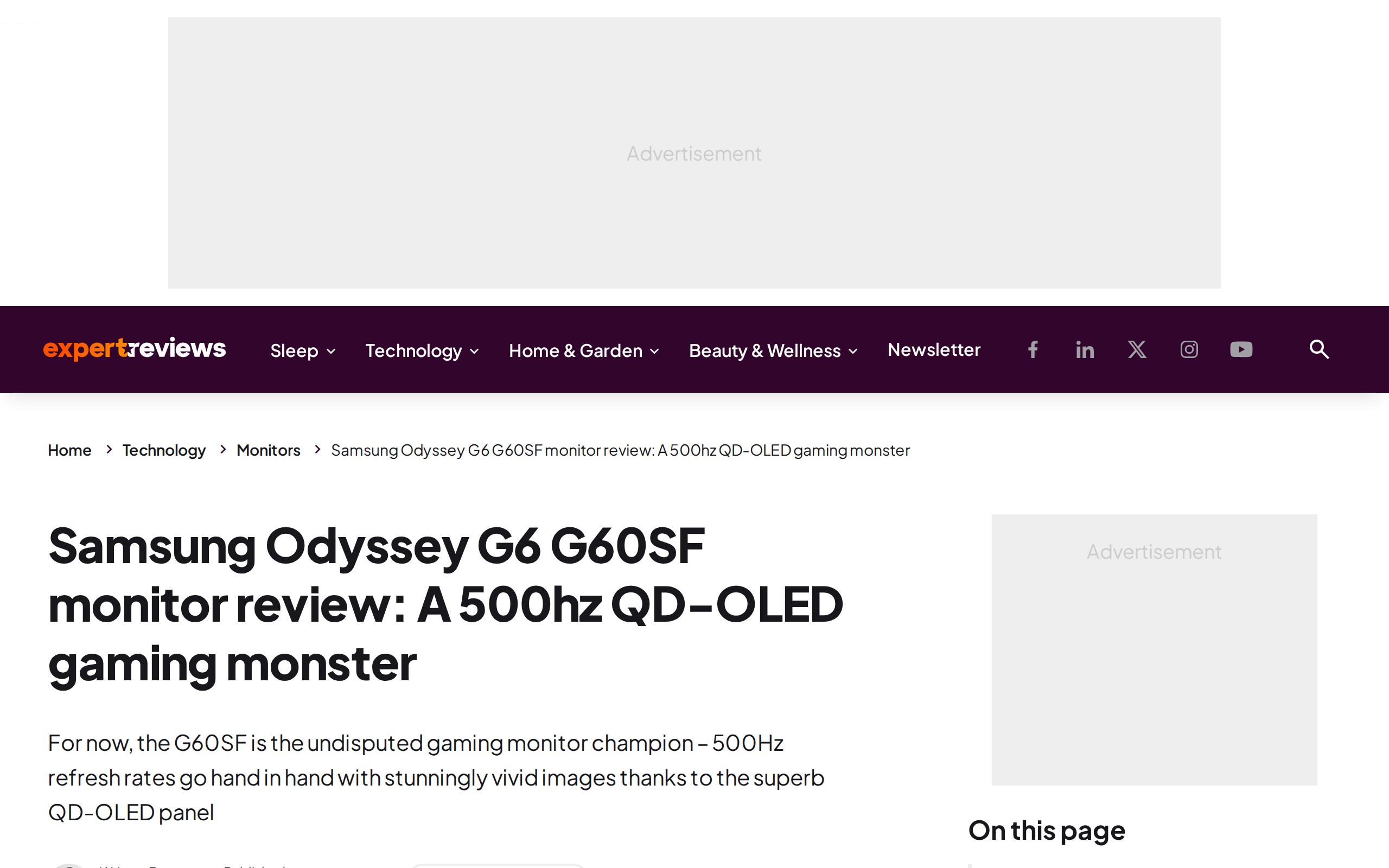 Expert Reviews article page headlined Samsung Odyssey G6 G60SF monitor review: A 500hz QD-OLED gaming monster