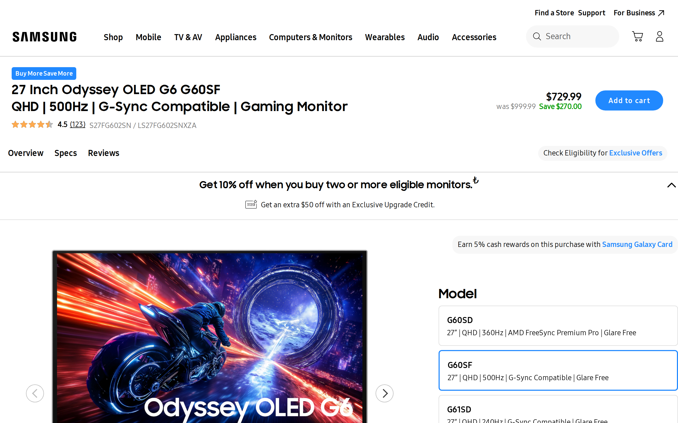 Samsung US product page for the 27 Inch Odyssey OLED G6 G60SF showing the monitor on its stand with a sale price of $729.99