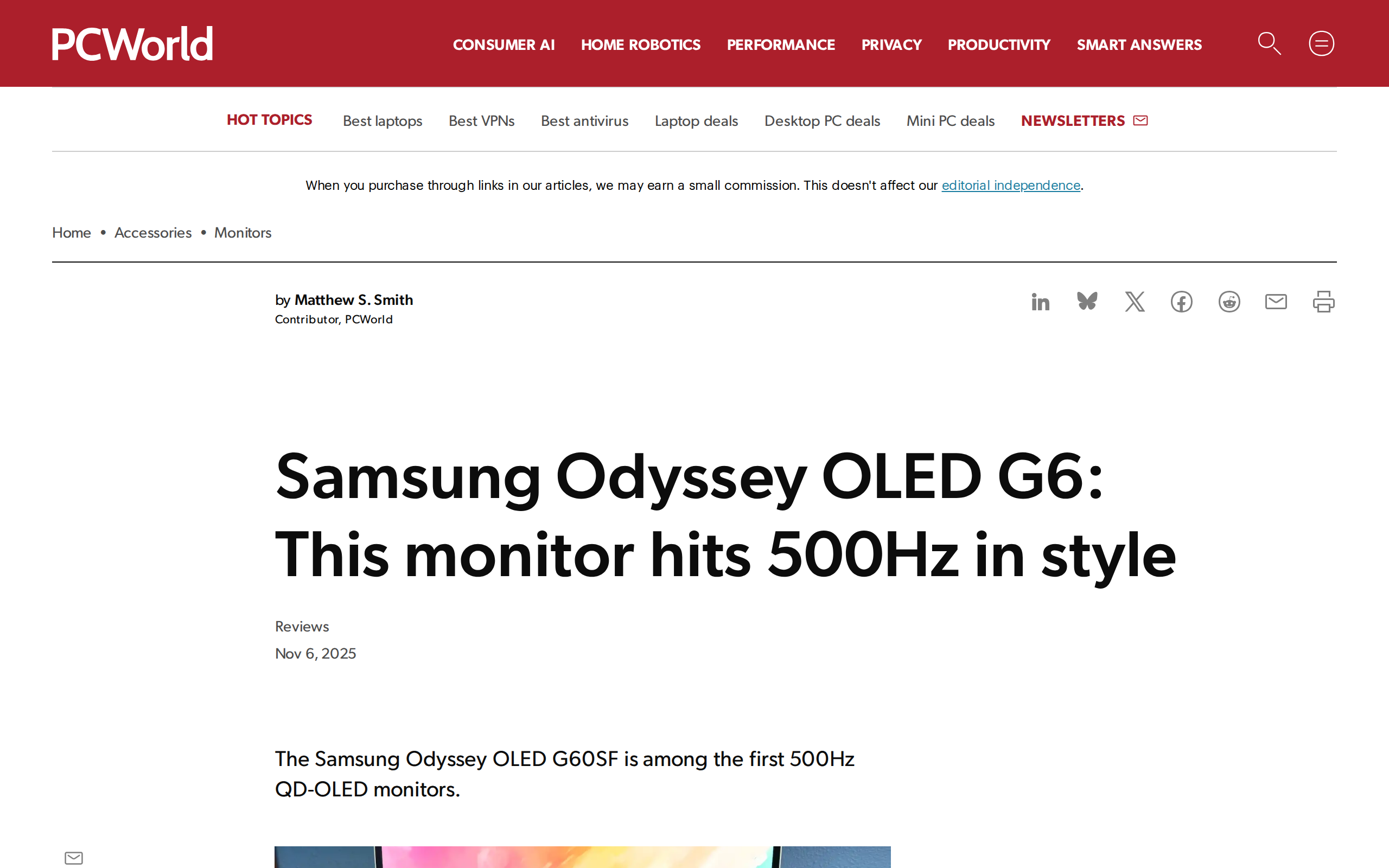 PCWorld article page headlined Samsung Odyssey OLED G6: This monitor hits 500Hz in style
