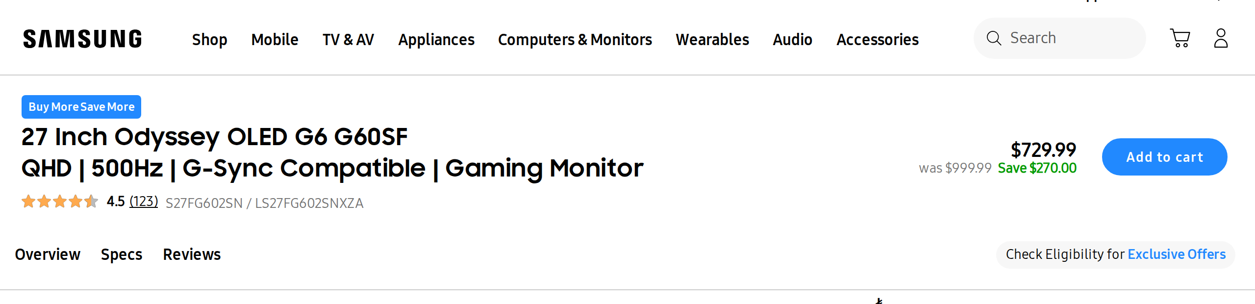 Samsung US listing header for the 27 Inch Odyssey OLED G6 G60SF with a $729.99 price, was $999.99, save $270.00