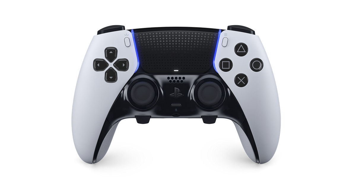Official artwork of the DualSense Edge listing, showing the controller beside its accessories