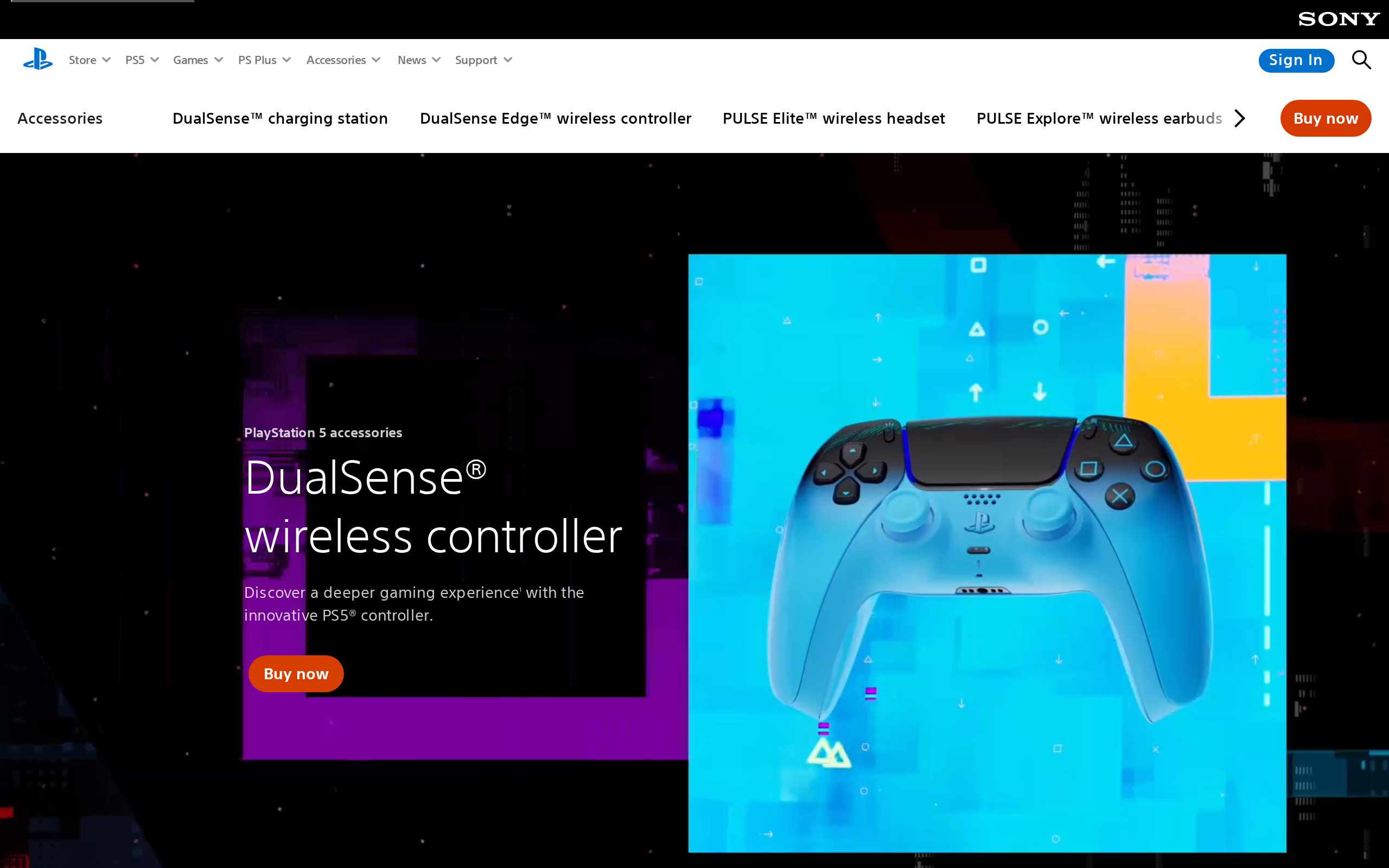 Sony's standard DualSense page, with the charging station, the Edge and the PULSE Elite headset in the accessories menu