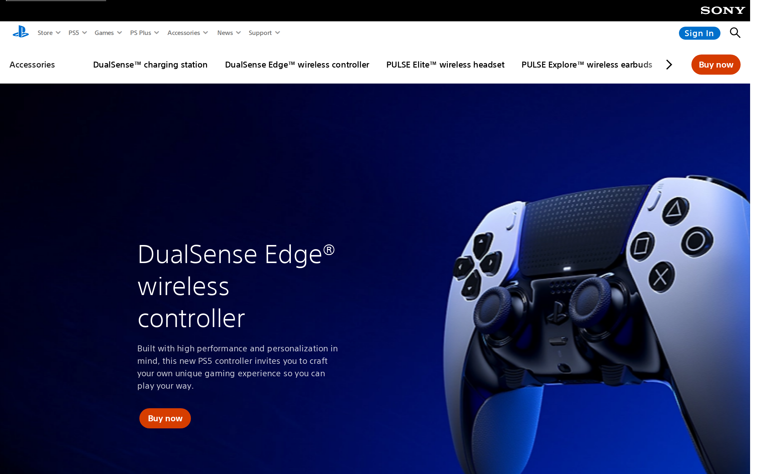 PlayStation product page for the DualSense Edge wireless controller showing the front and back of the pad on a blue background