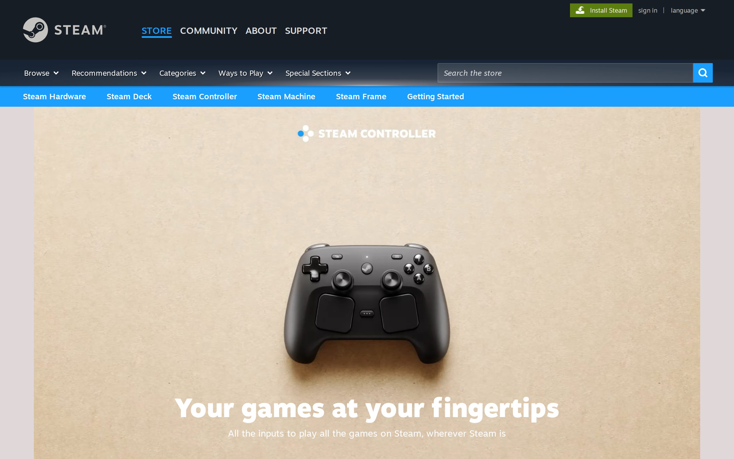 Valve's Steam Controller on a tan surface, with two stick modules, a D-pad, face buttons and two square trackpads, on its Steam store page