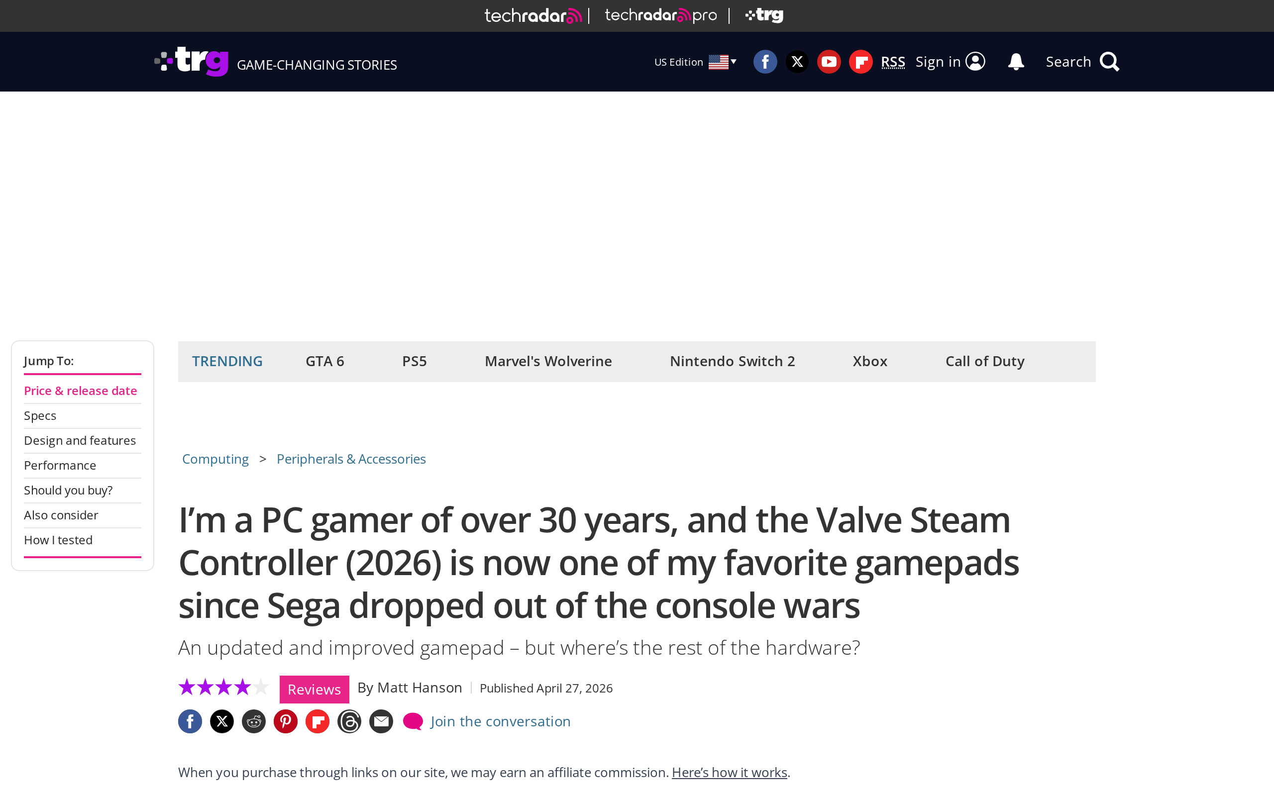 TechRadar's Valve Steam Controller (2026) review, headlined by a PC gamer of over 30 years, with the line An updated and improved gamepad, but where's the rest of the hardware?