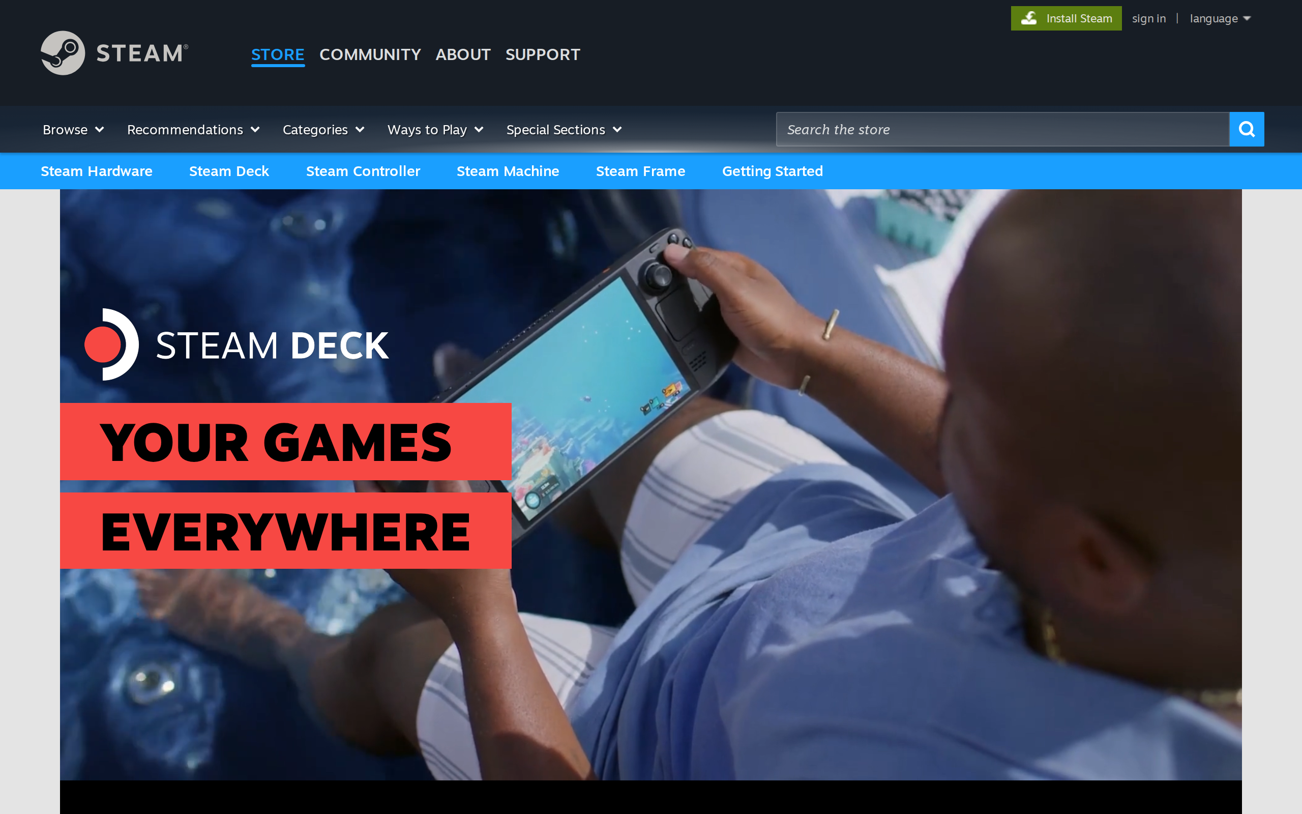 The Steam store's Steam Deck page, with a hero video of a person playing the handheld by a pool under the words Your Games Everywhere