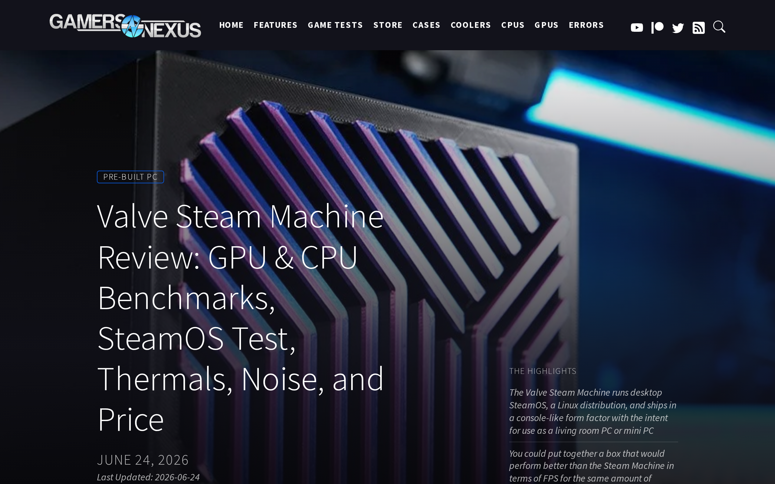 GamersNexus's Steam Machine review page with its headline and the quote that a DIY box could match it for the same money
