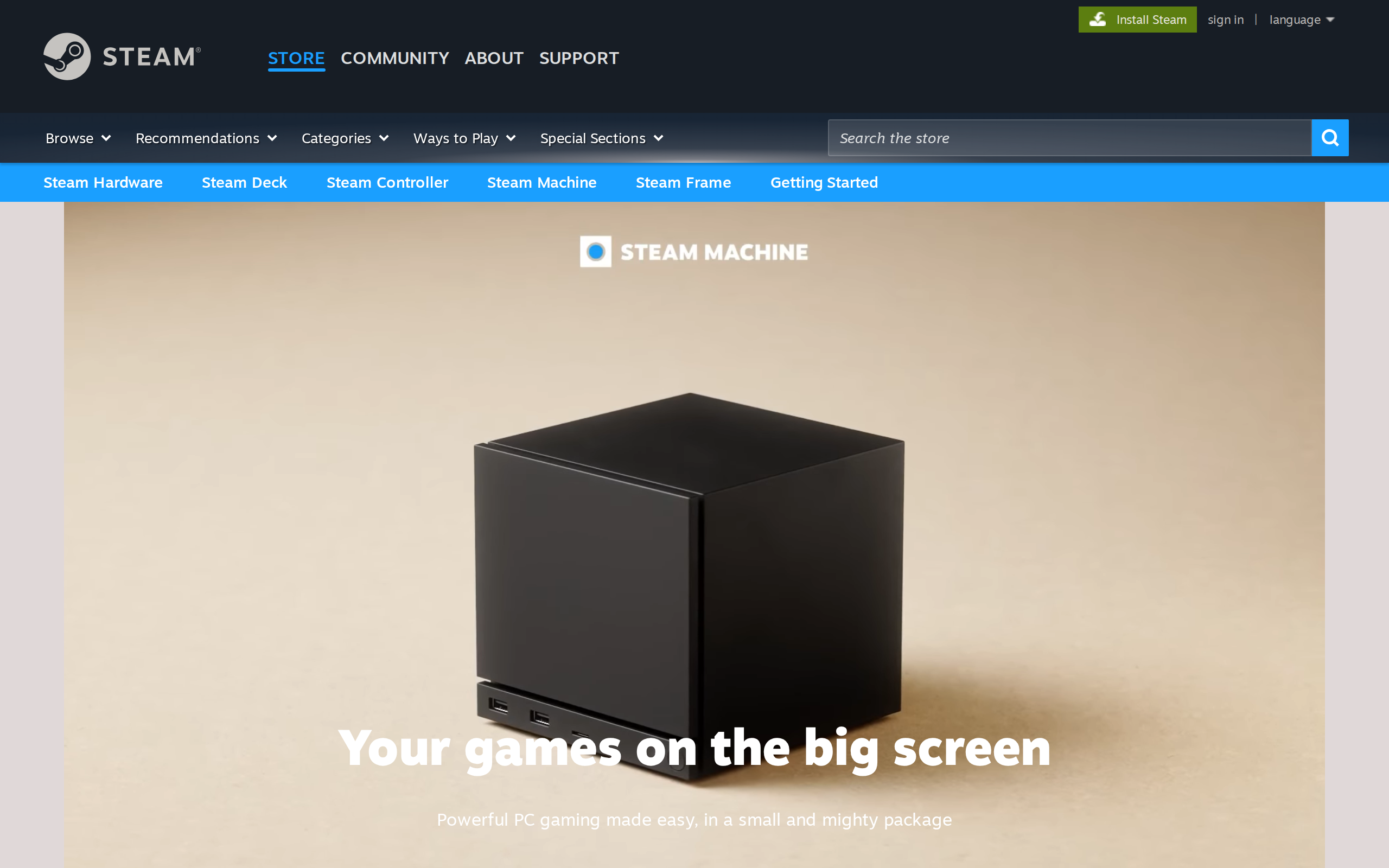 Valve's Steam Machine, a small black cube on a beige surface, on its Steam store page