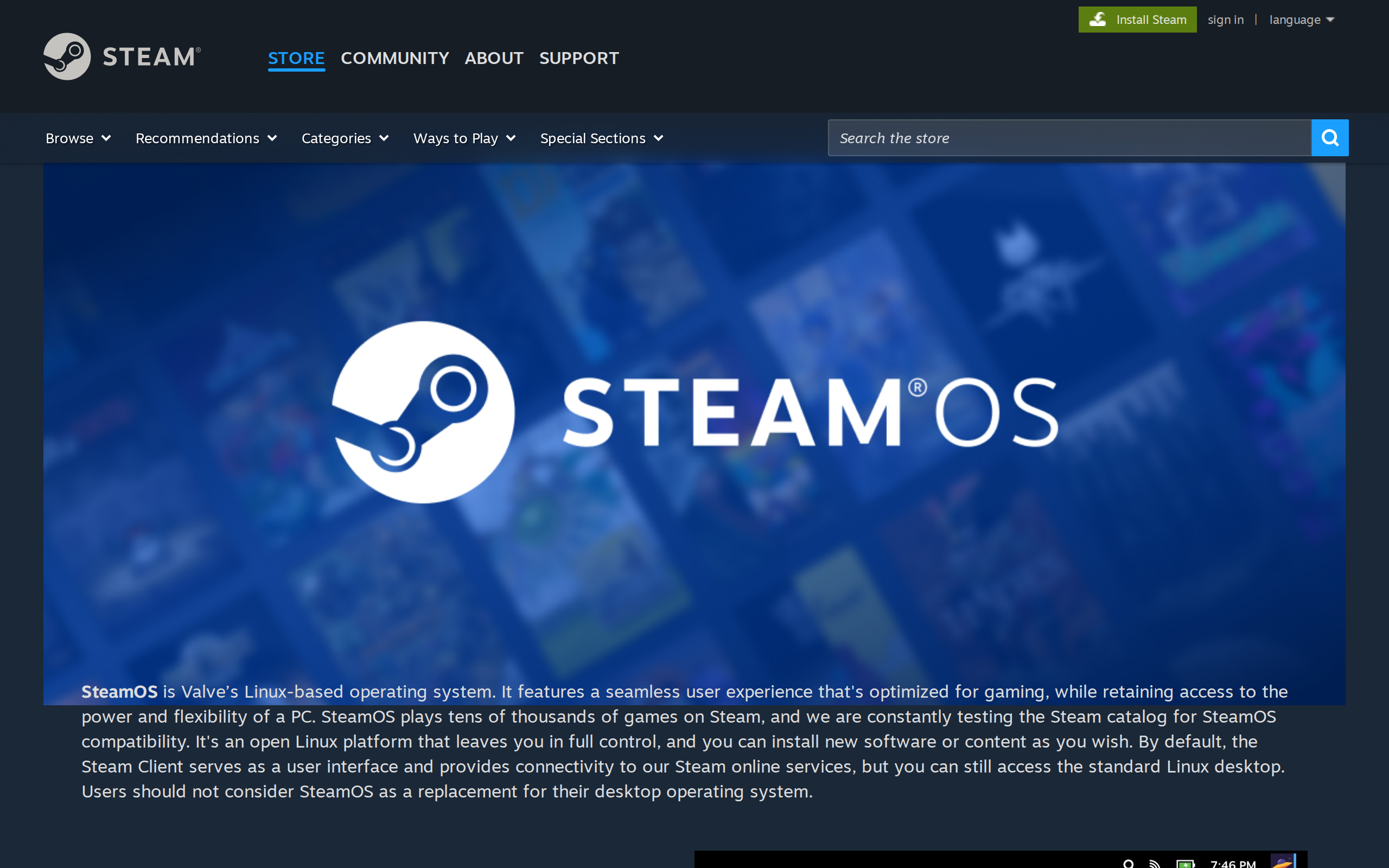 The SteamOS page on Valve's Steam store, with the SteamOS logo and product artwork on a dark background