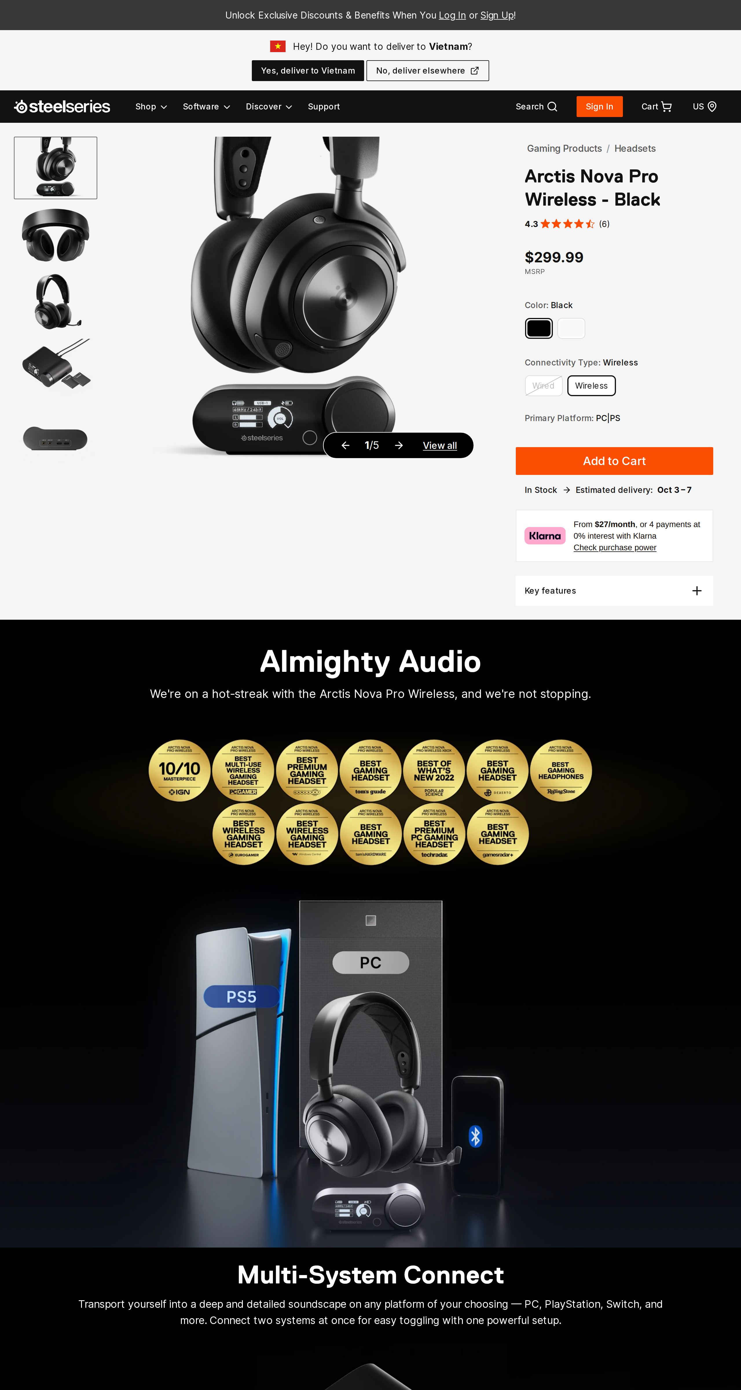 SteelSeries product page sections Key features and Almighty Audio