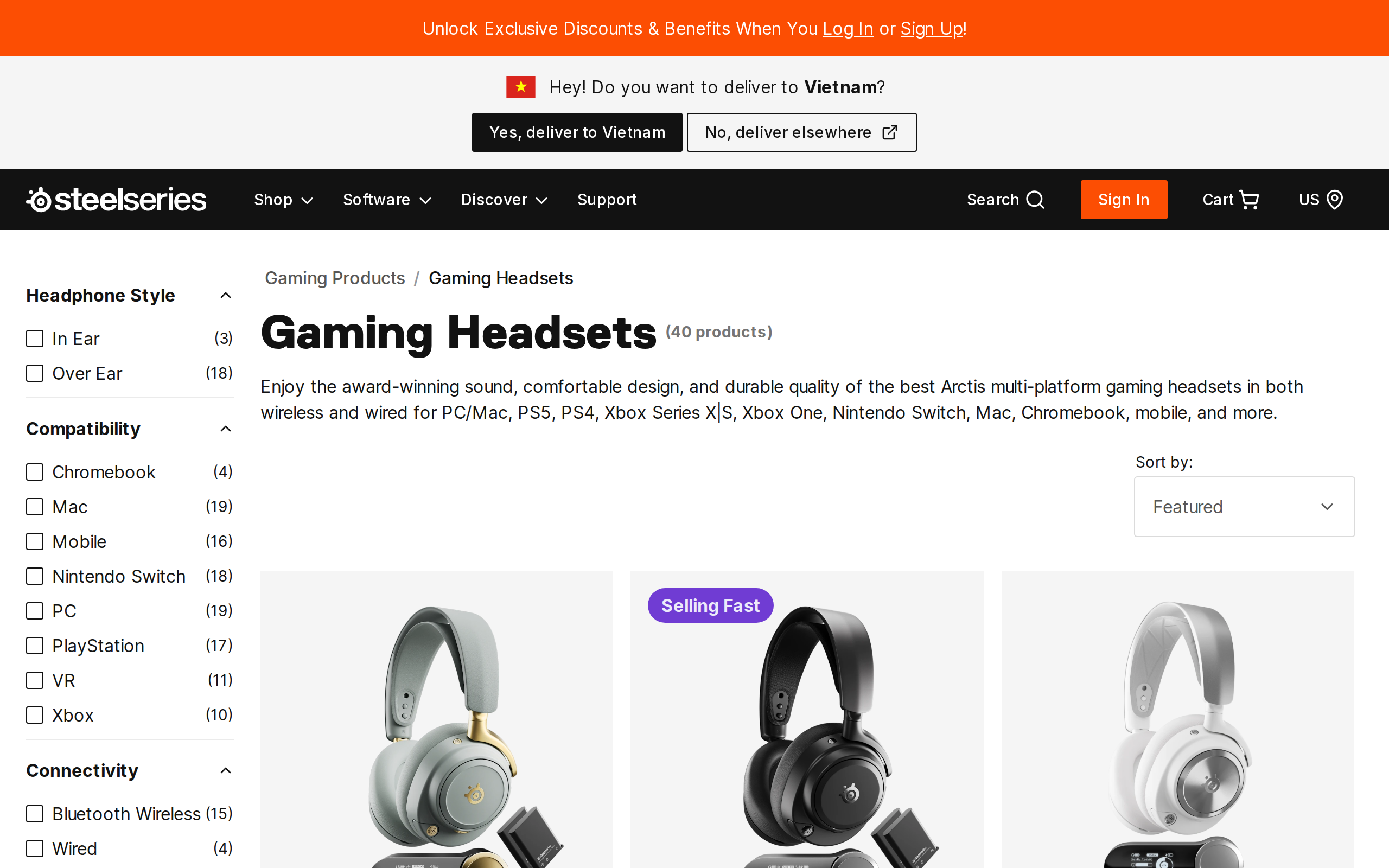 SteelSeries Gaming Headsets page listing the Arctis Nova Pro Wireless, Nova Elite and Nova Pro Omni