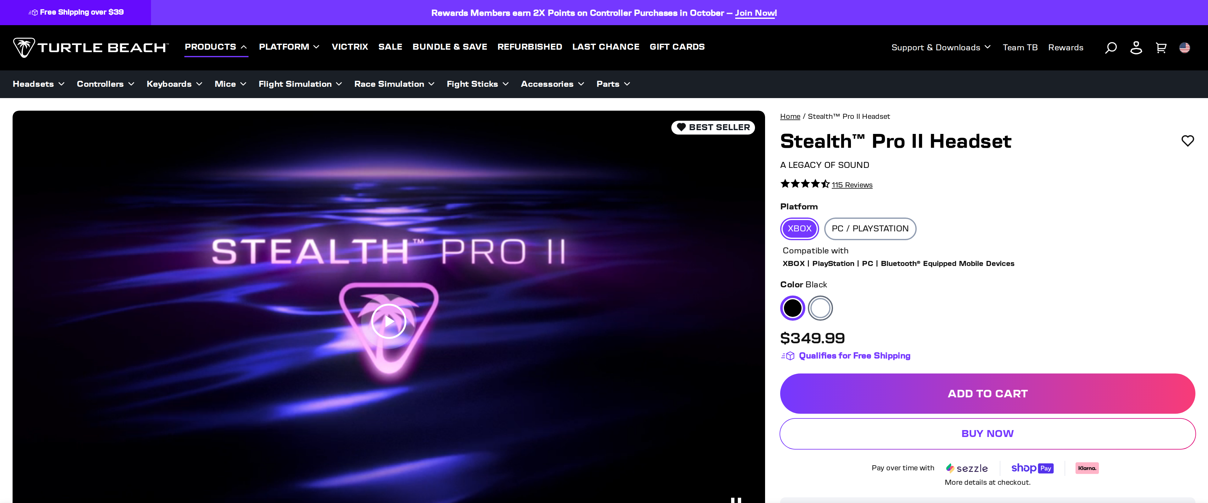 Turtle Beach's product page for the Stealth Pro II headset showing a price of $349.99