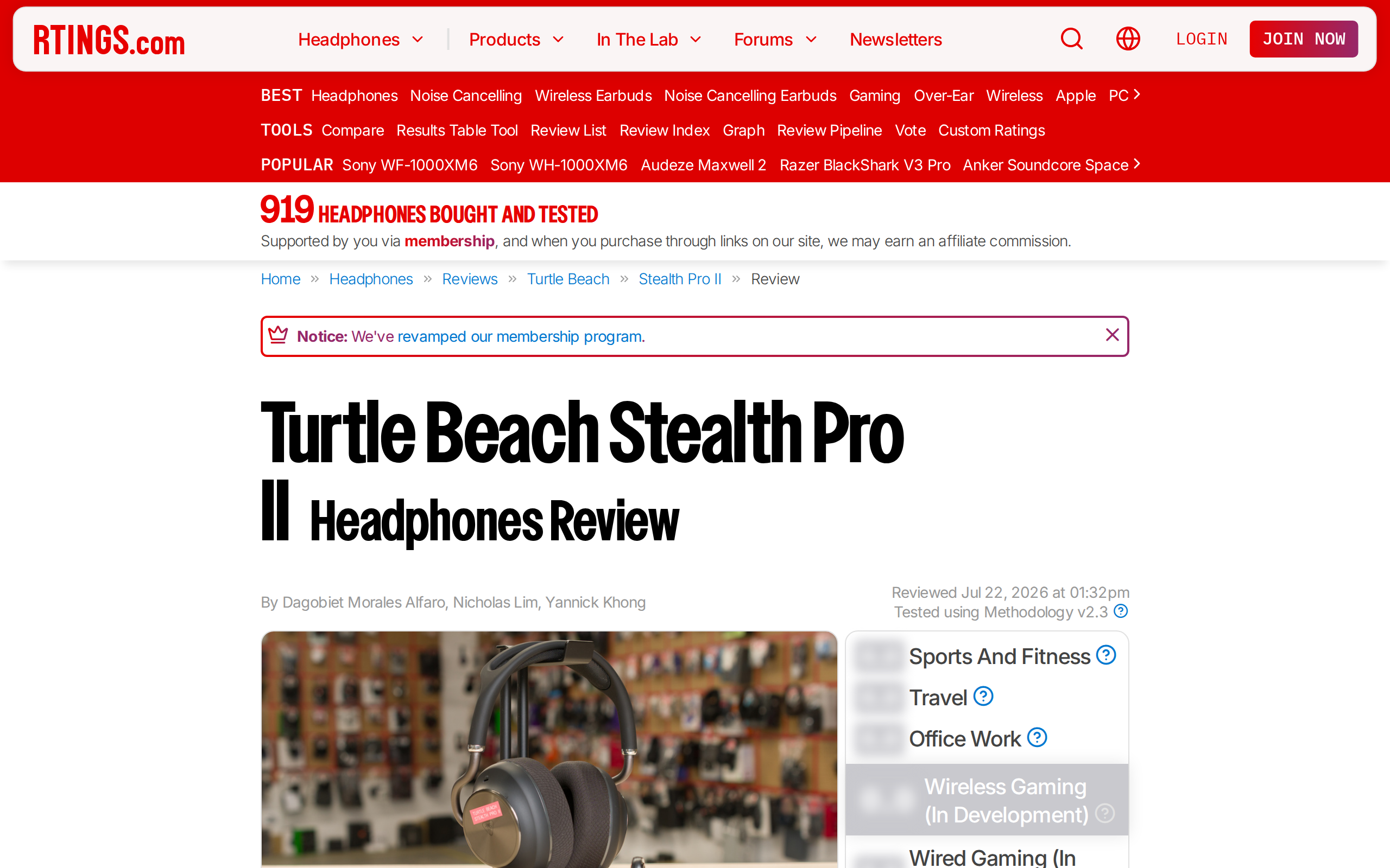 RTINGS' review page for the Turtle Beach Stealth Pro II with a product photo