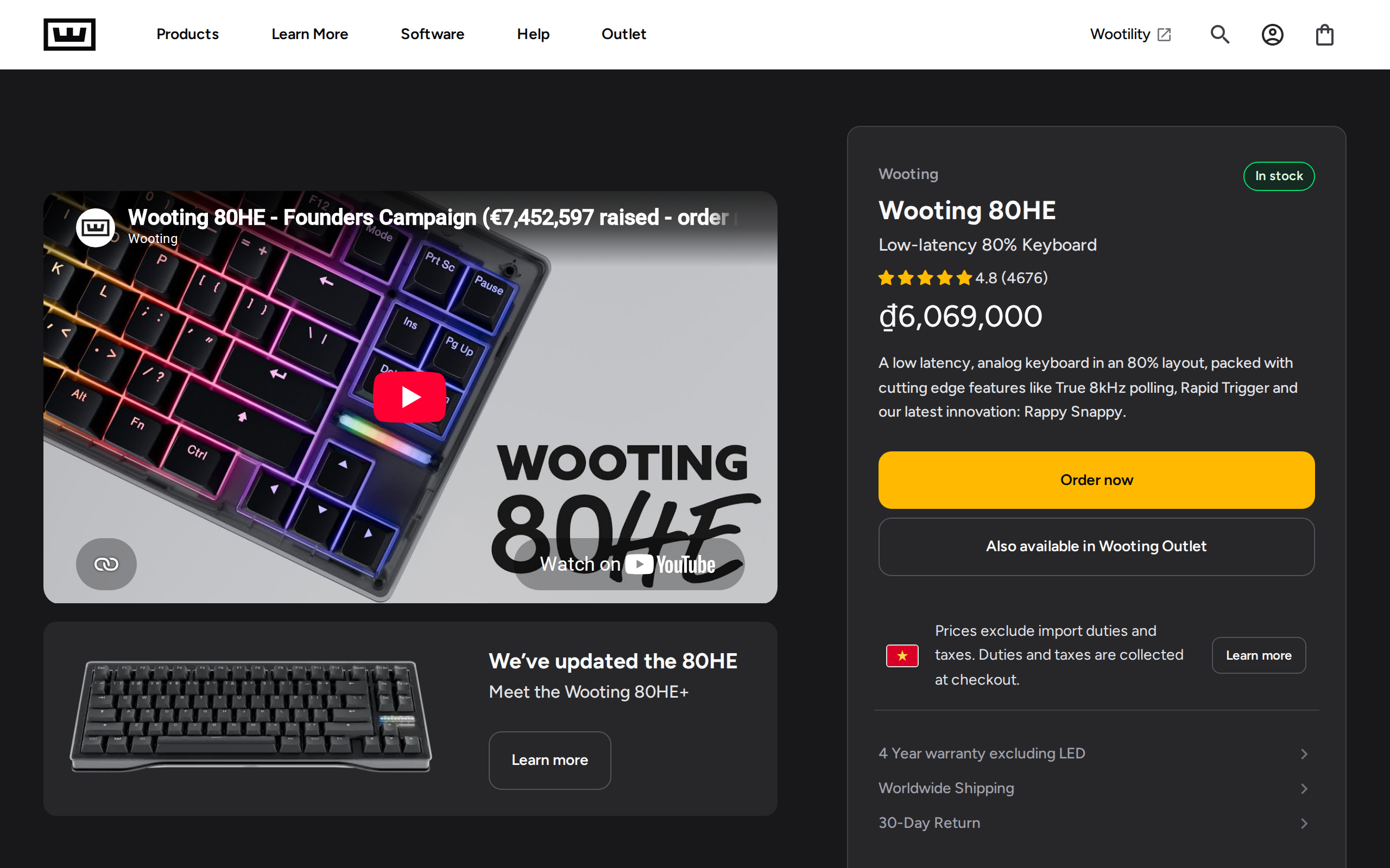 Wooting's product page for the Wooting 80HE, an 80 percent low latency analog keyboard with Rapid Trigger and true 8kHz polling