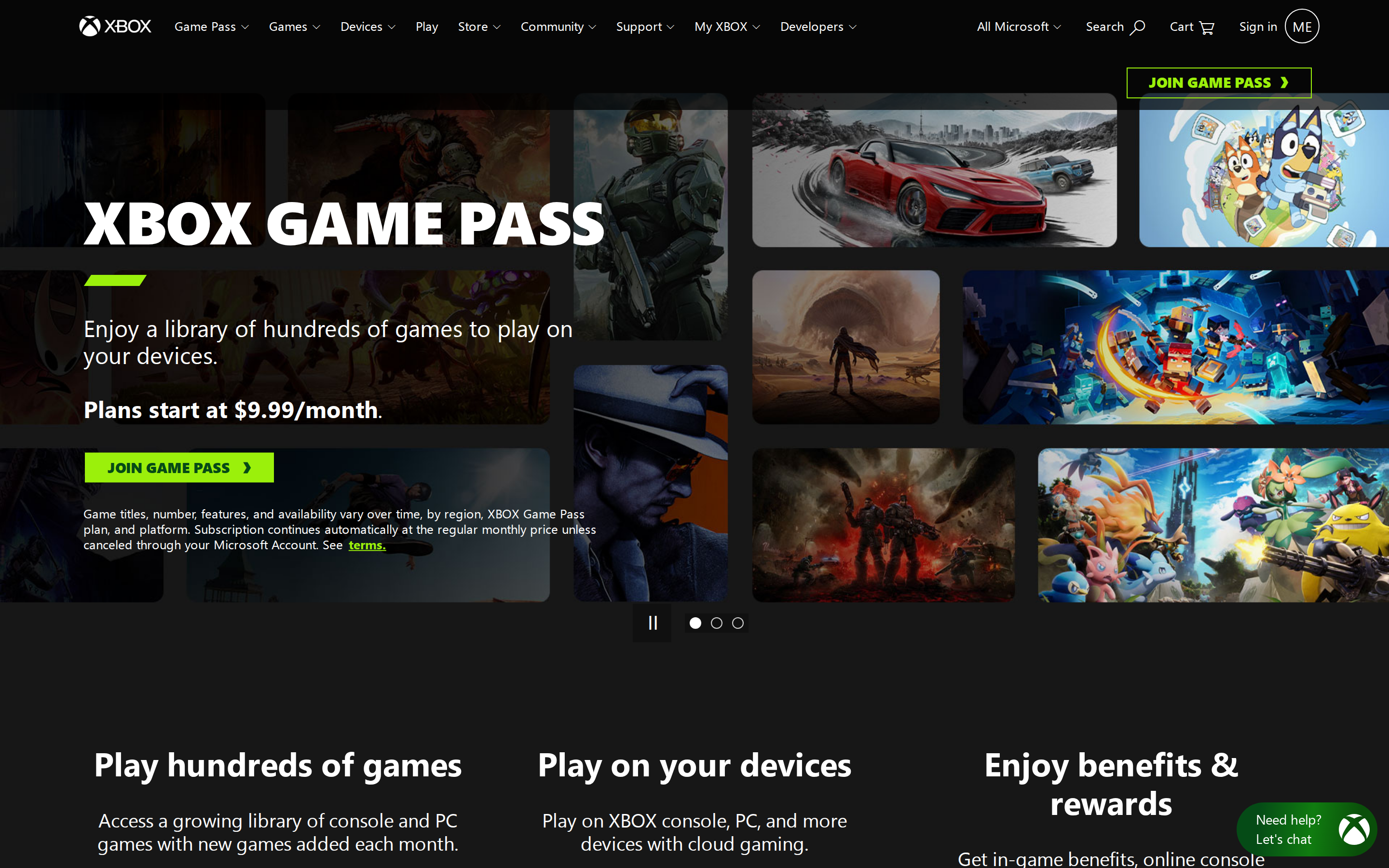 Xbox Game Pass page with the headline Play hundreds of games and plans starting at $9.99 a month
