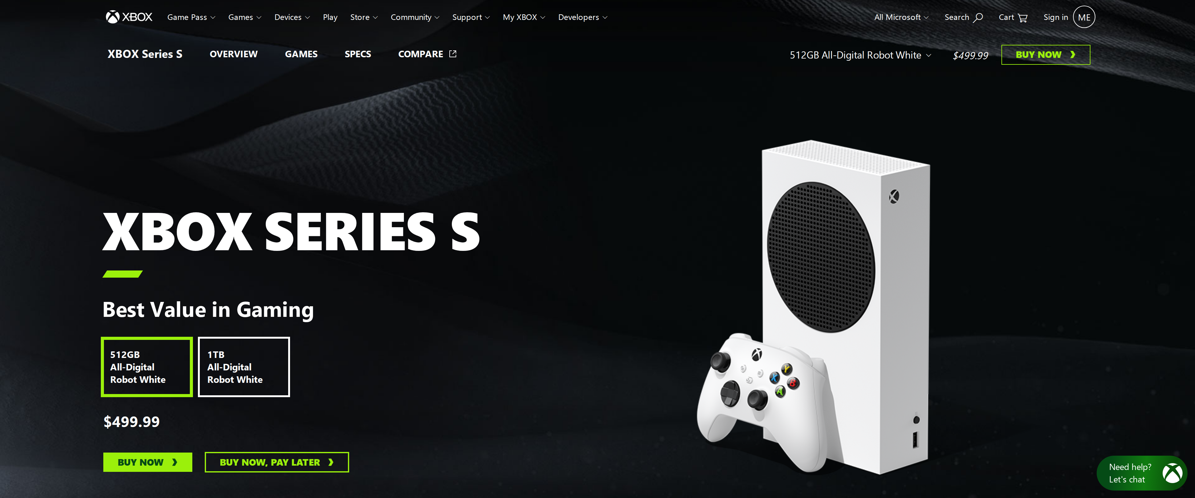 Microsoft's Xbox Series S page showing the 512GB all-digital Robot White console at $499.99