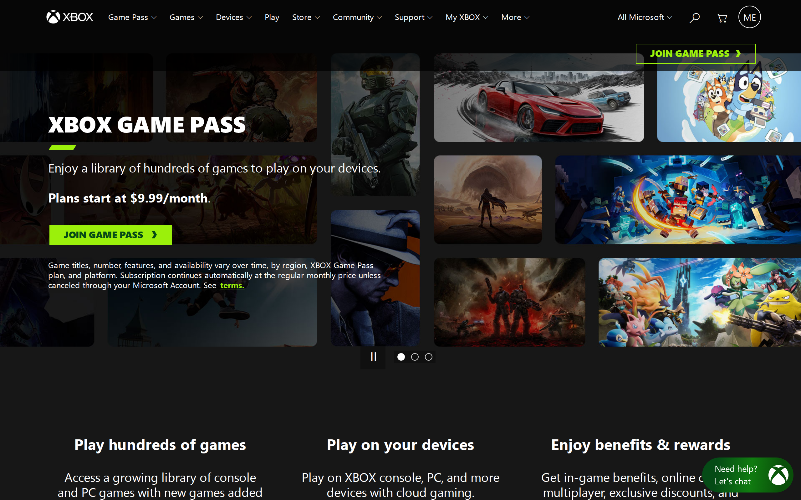 The Xbox Game Pass page with headings Play hundreds of games, Play on your devices and Enjoy benefits and rewards