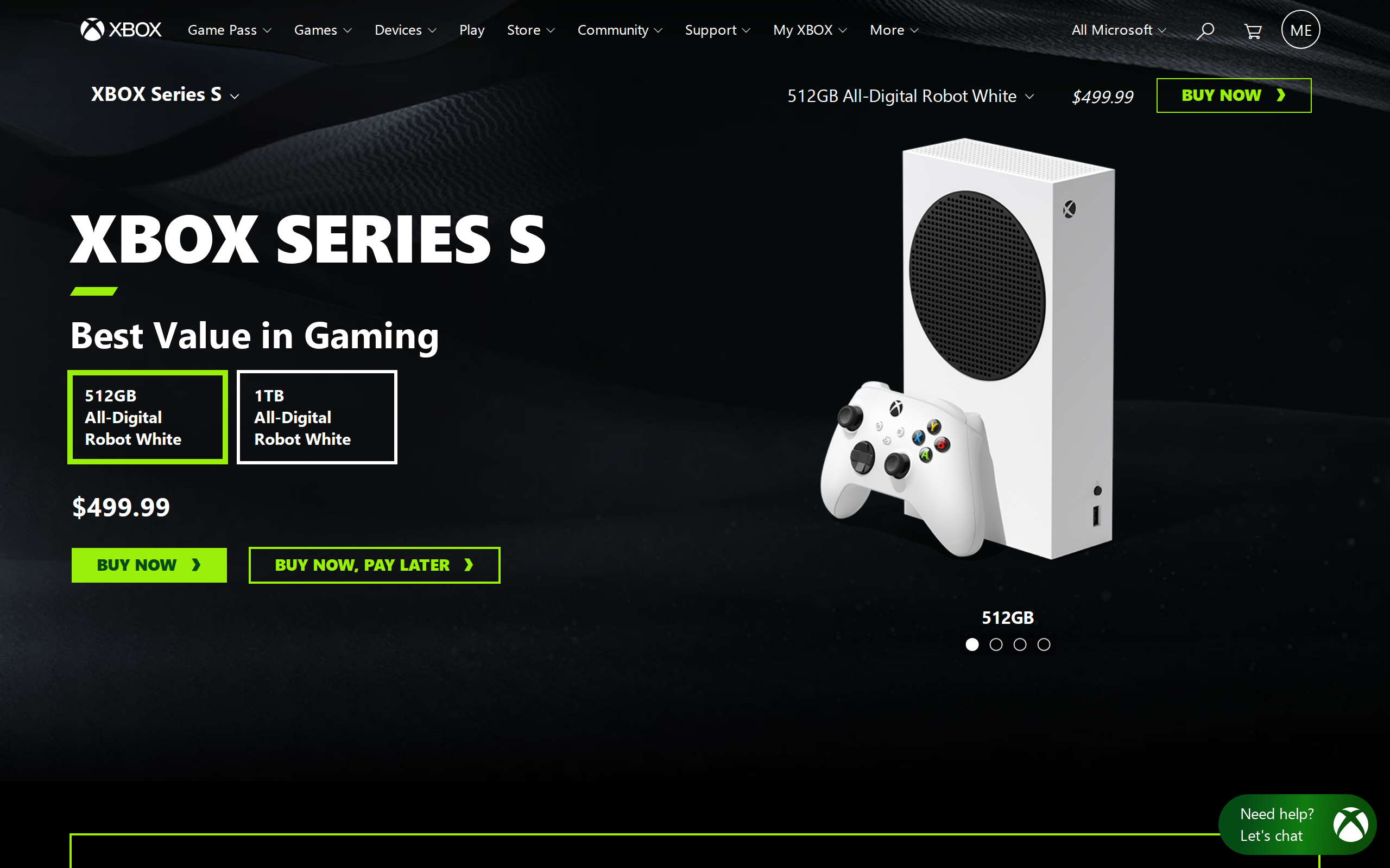 The Xbox Series S page with the $499.99 price and a Robot White console beside a controller