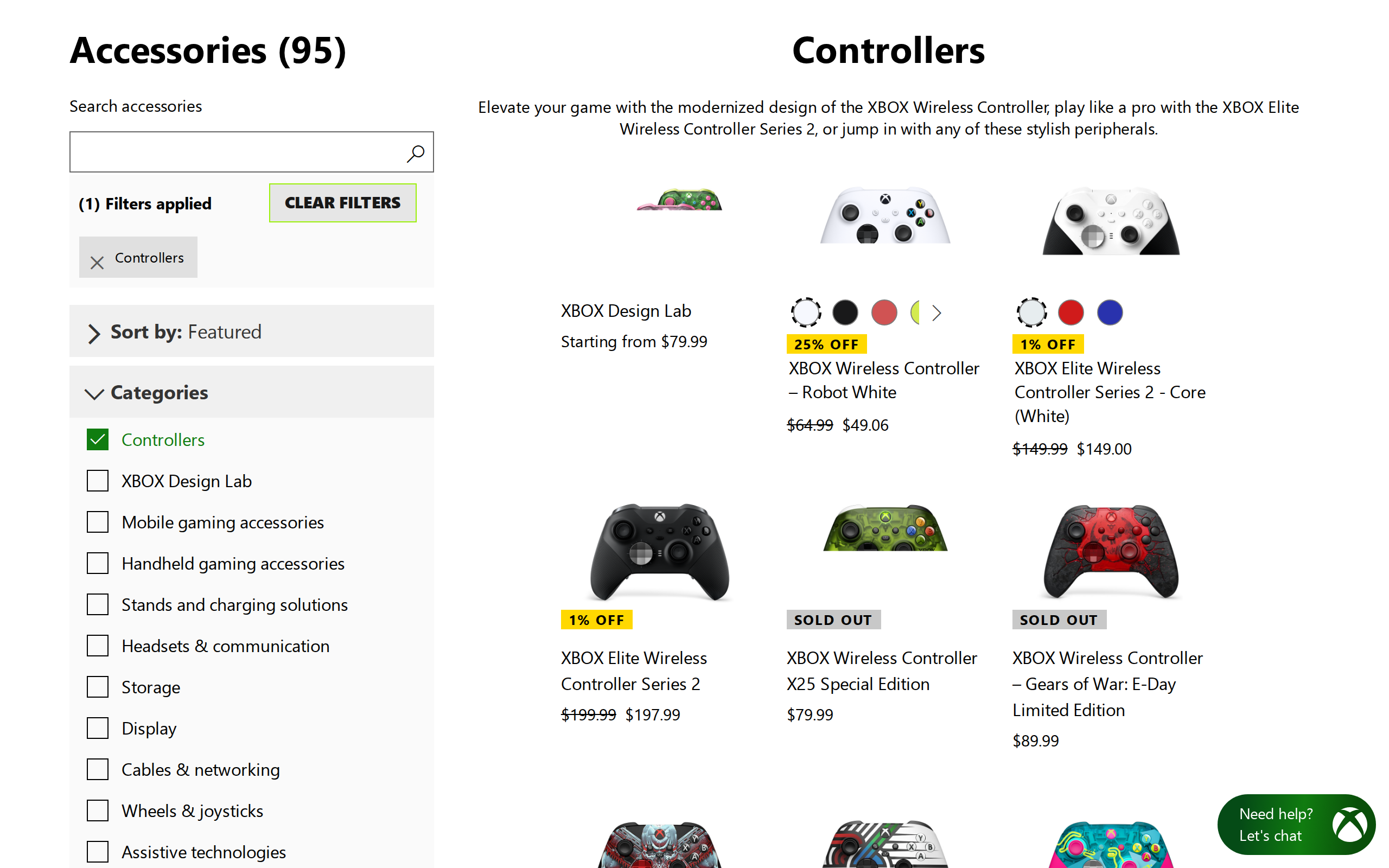 Xbox controller catalogue page listing the Xbox Wireless Controller in Robot White with a sale price, beside Elite Series 2 models