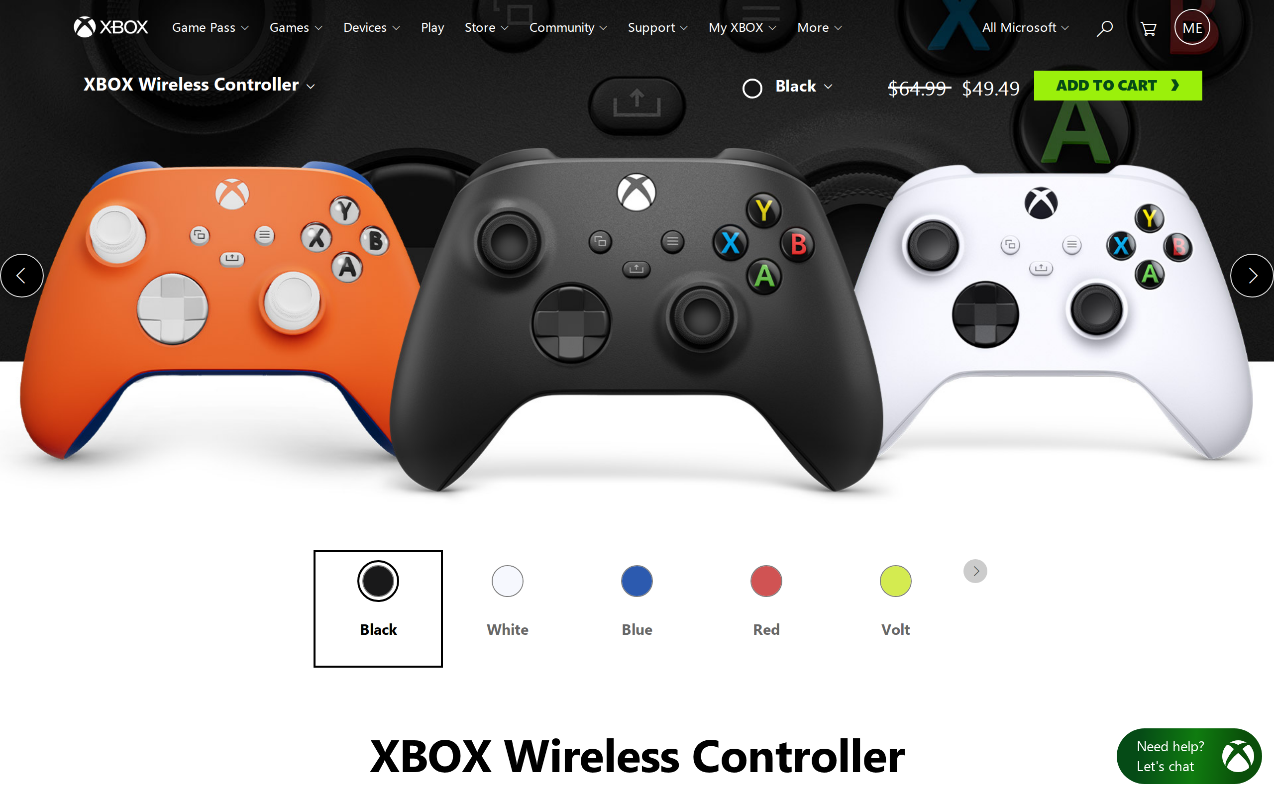 Xbox product page for the Xbox Wireless Controller showing orange, black and white controllers with colour swatches under them