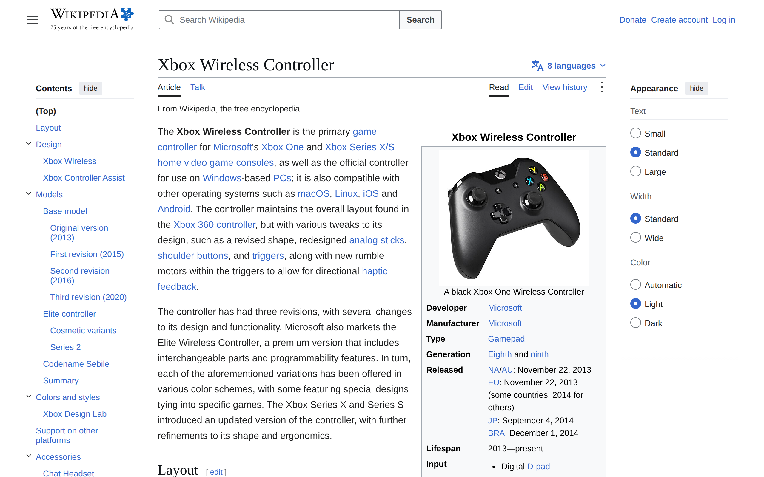 Wikipedia article for the Xbox Wireless Controller showing a black Xbox One controller and the table of contents